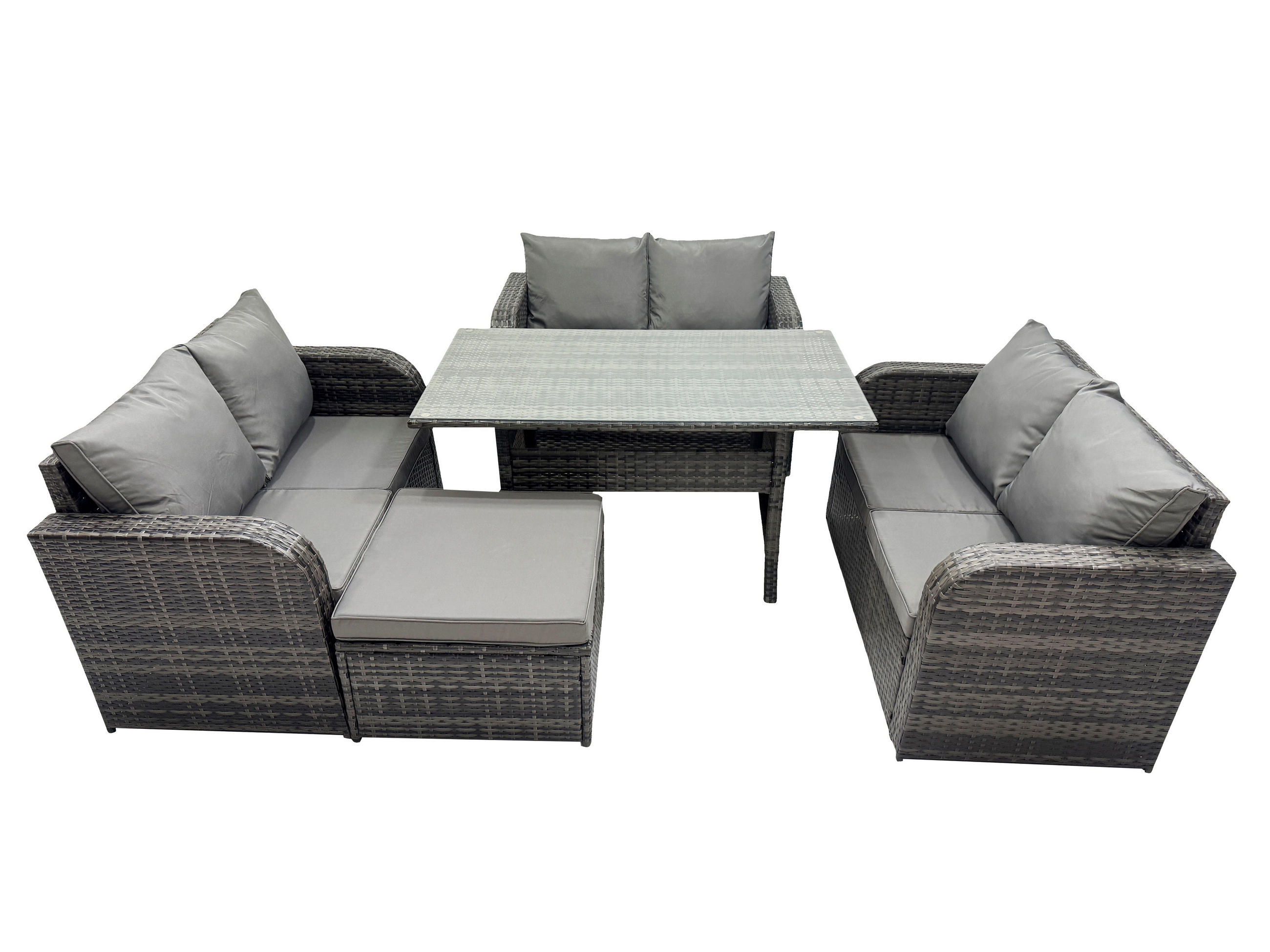 SITZGRUPPE mit Esstisch,Zweisitzer,Hocker Polyrattan Dunkelgrau 7-Sitzer - Dunkelgrau/Grau, Glas/Kunststoff - Fimous