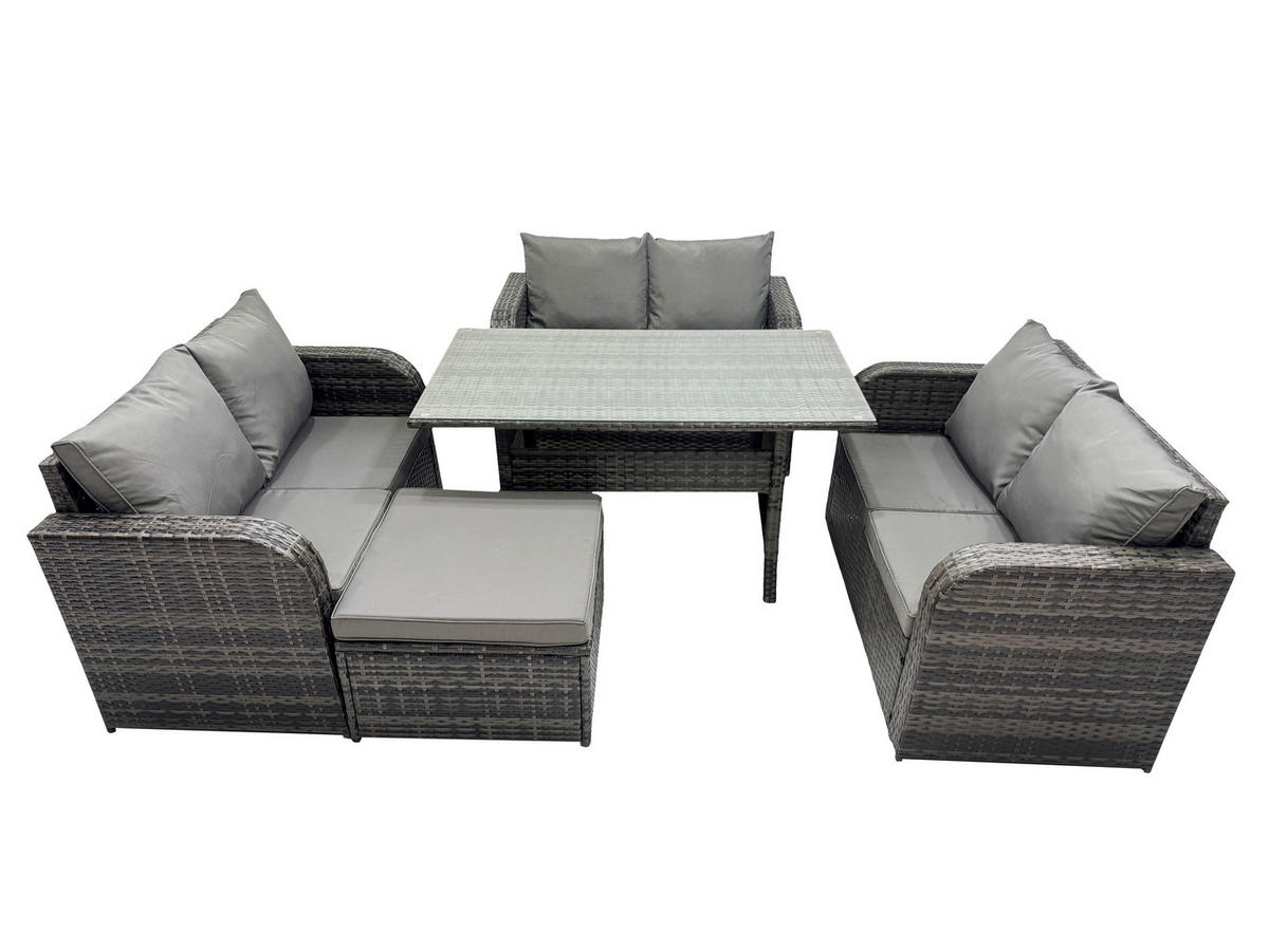 SITZGRUPPE mit Esstisch,Zweisitzer,Hocker Polyrattan Dunkelgrau 7-Sitzer - Dunkelgrau/Grau, Glas/Kunststoff - Fimous