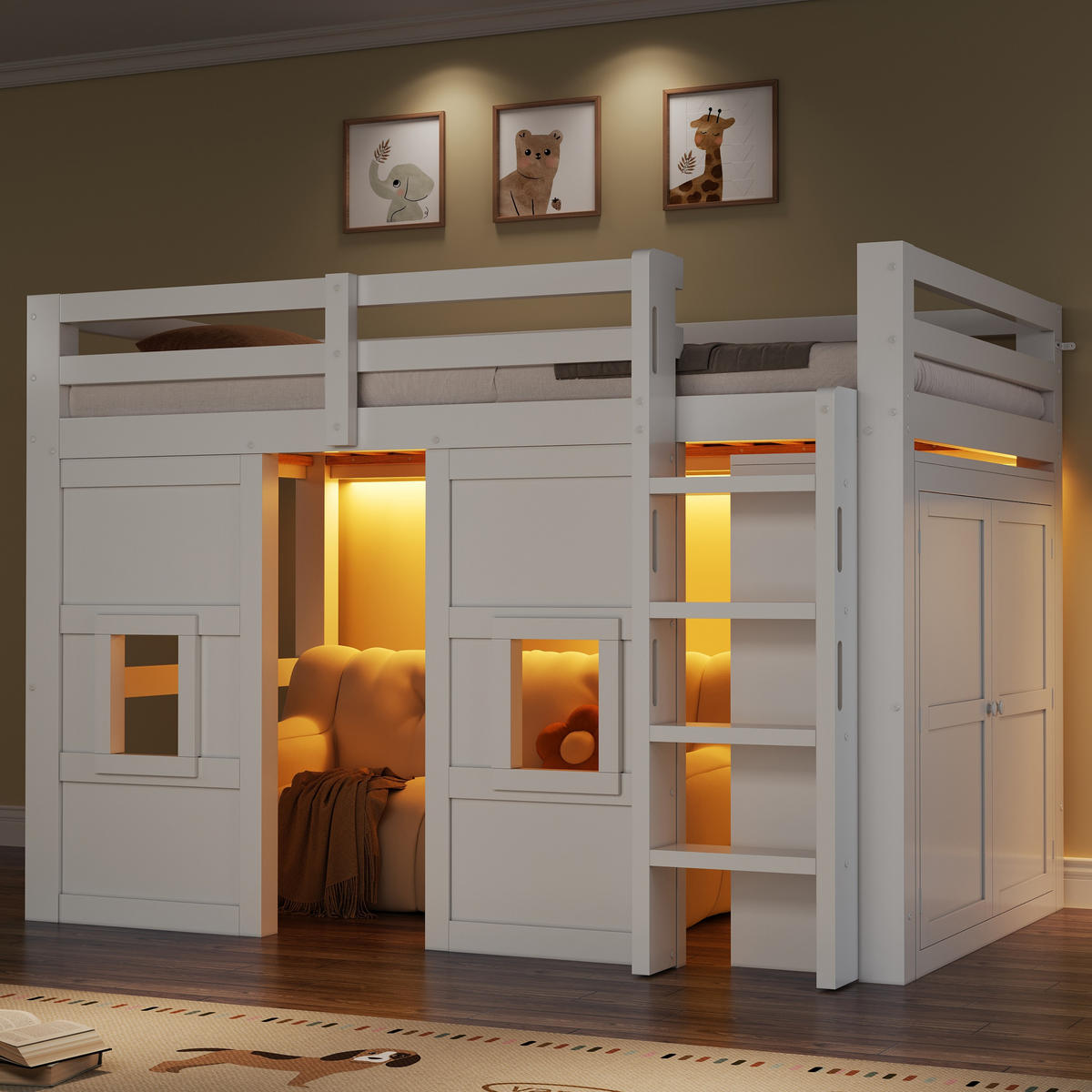 HOCHBETT 90/200 cm in Weiß mit Kleiderschrank, LED und 2 Fenstern - Weiß, Holzwerkstoff (90/200cm) - STILVORA