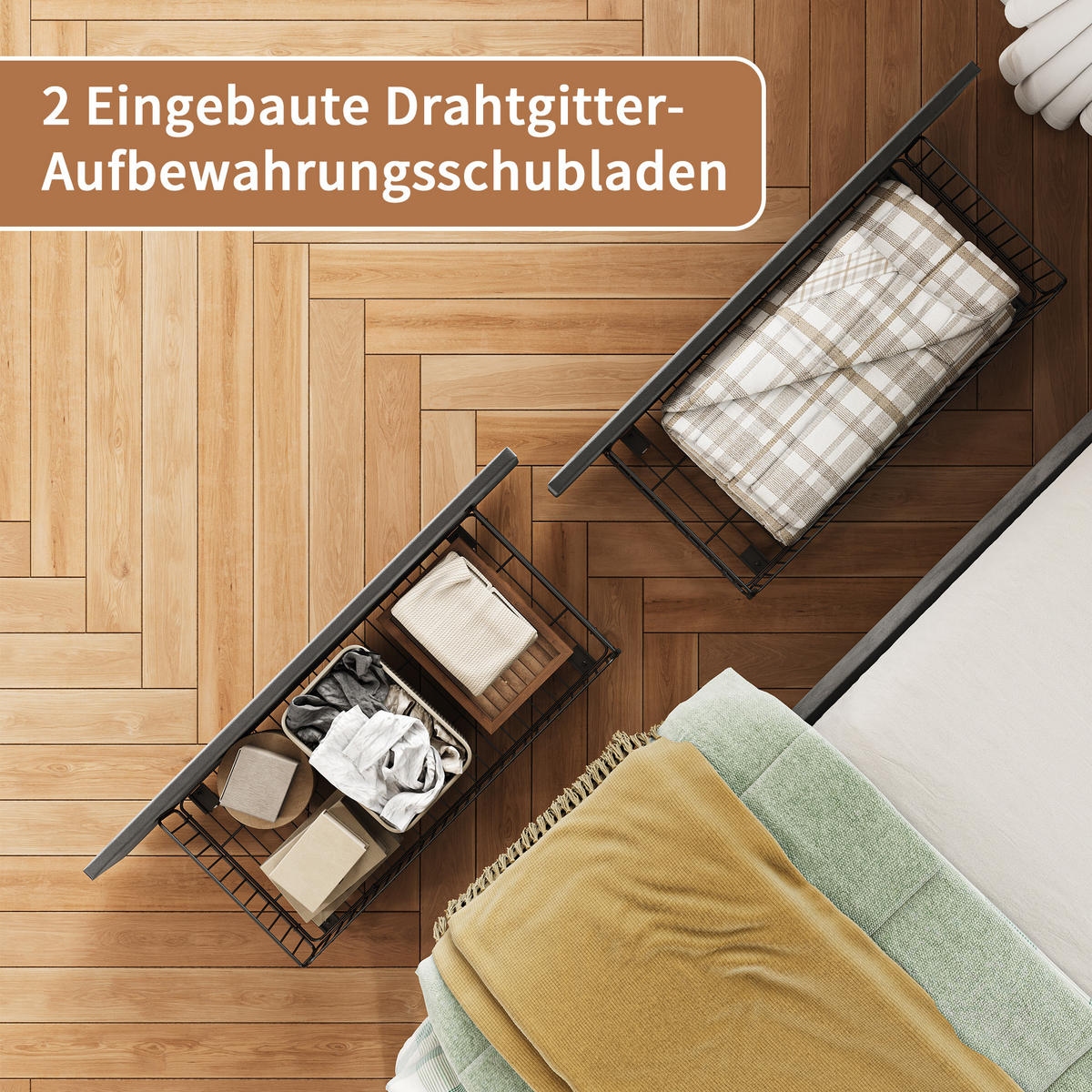 POLSTERBETT 140x200 cm, Stauraumkopf mit Ablagen, 2 Schubladen, LED und USB, Samt in Grau - Grau, Holz (140/200cm) - BRILVERDE