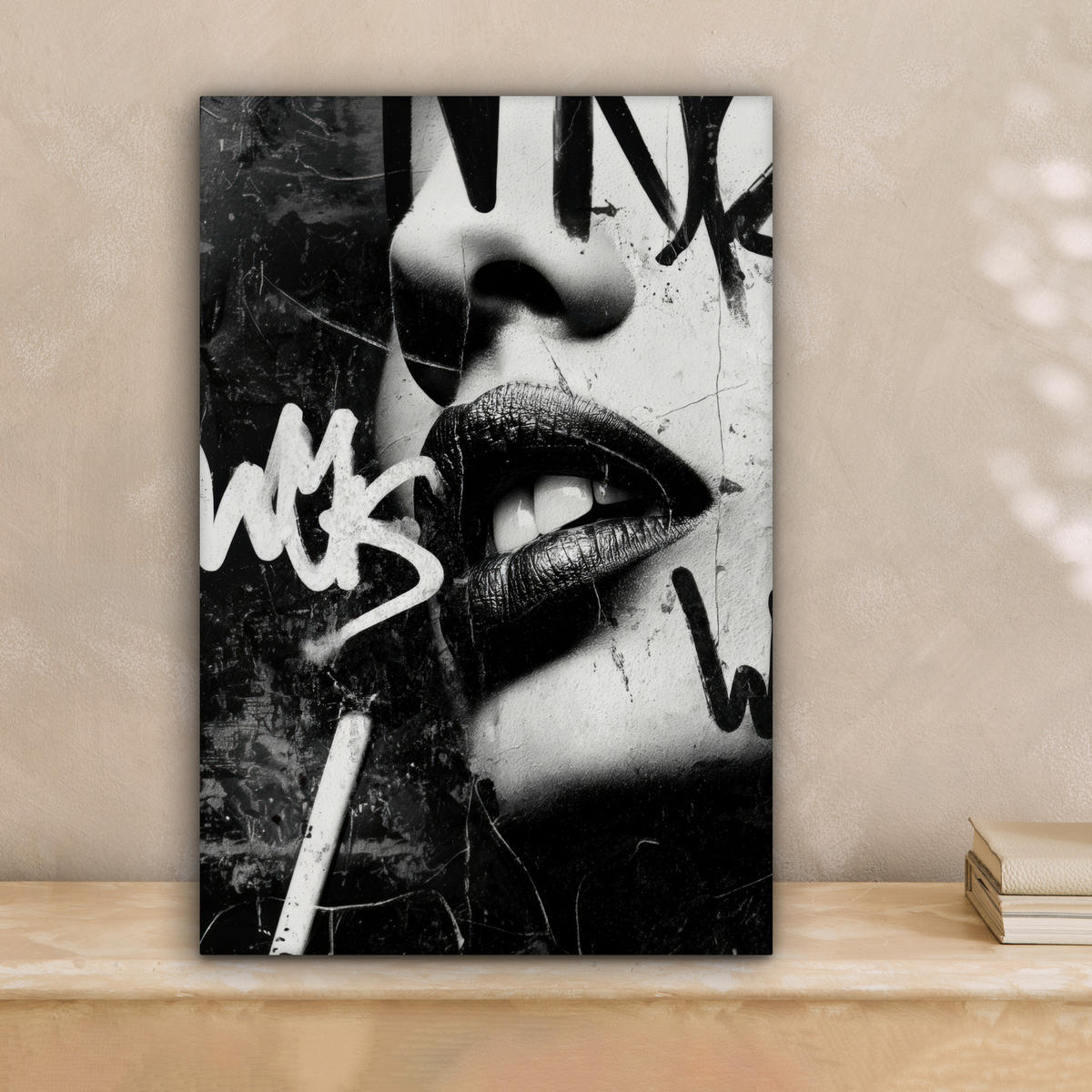 LEINWANDBILD Gesicht - Mund - Graffiti - Schwarz Deko Wohnzimmer 20x30 cm - Schwarz, Textil (20/30cm) - MuchoWow