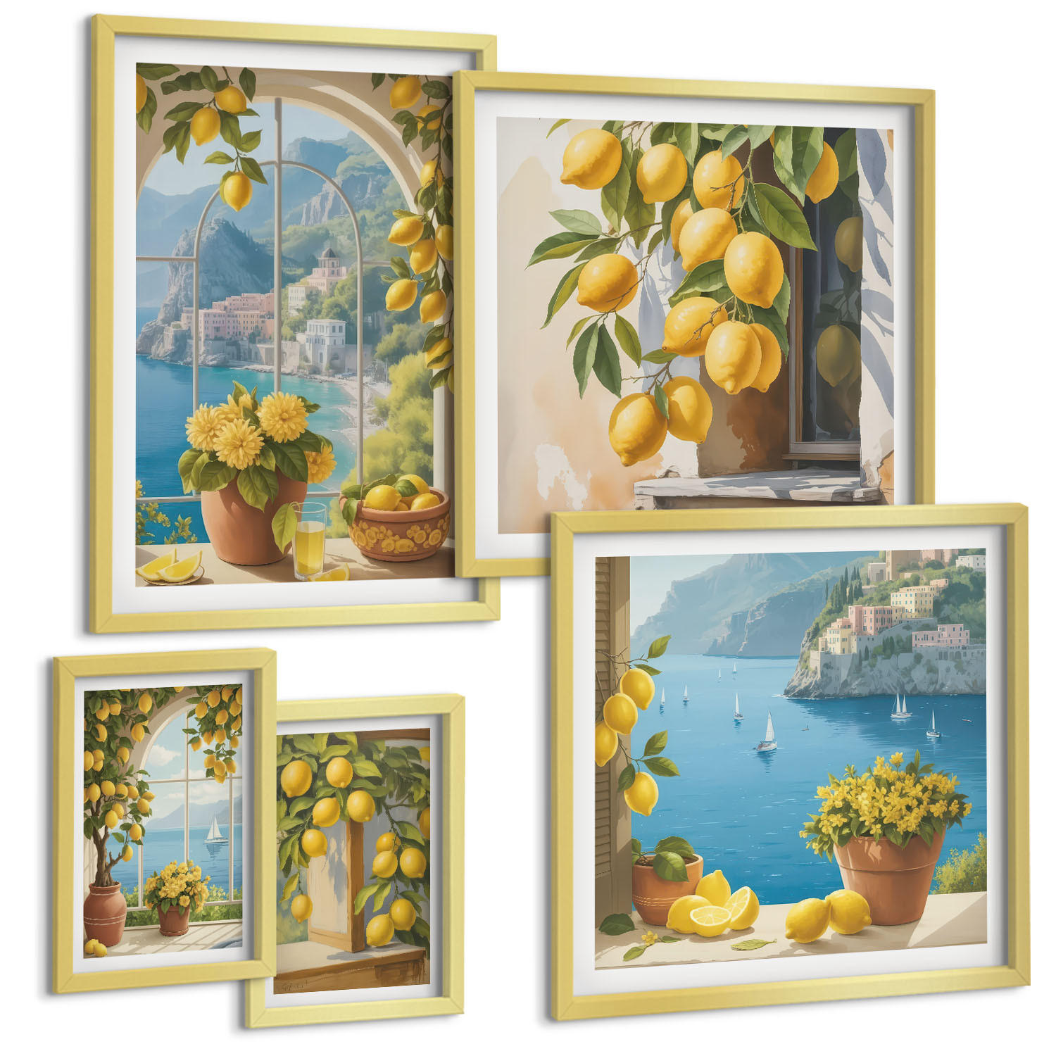BILDER SET 5er Set - 50x50 cm & 20x30 cm & 40x60 cm Goldrahmen - Meerblick, italienische Zitronen - Goldfarben, Kunststoff (40/60cm) - TULUP