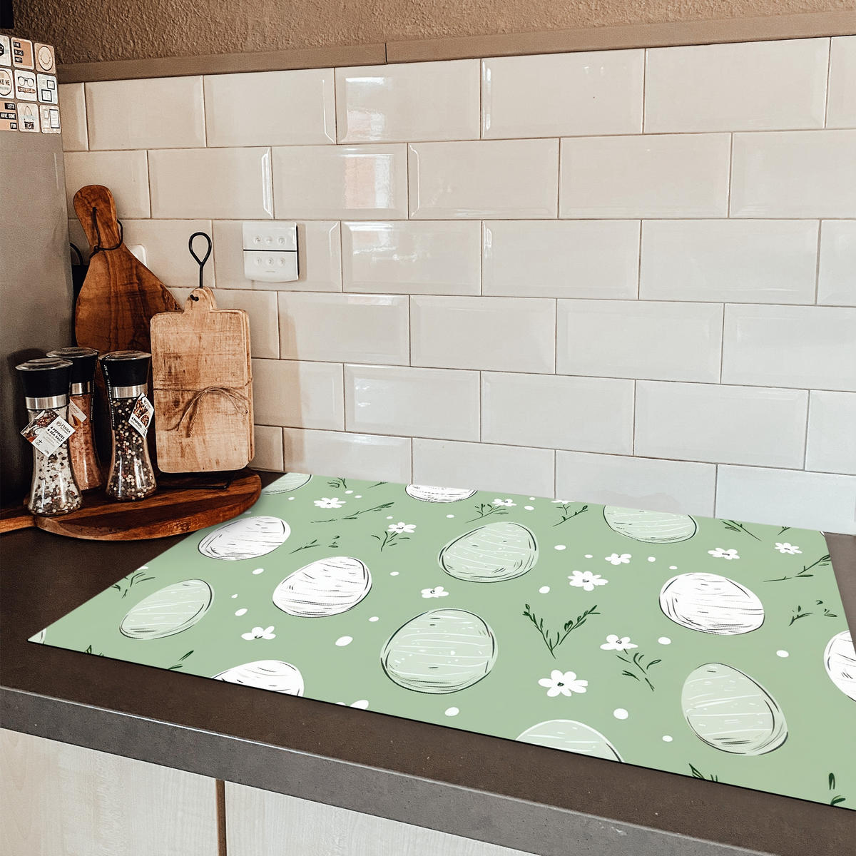 HERDABDECKPLATTE Grün - Eier - Muster Induktionsschutz 81.6x52.7 cm - Waldgrün, Kunststoff (81.6/52.7/0.2cm) - MuchoWow