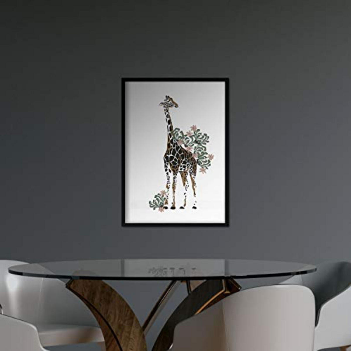 POSTER Set mit 4 GiraffenzebraKlinge, Blumen und Pflanzen aus dem Dschungel A3 Schwarzer Rahmen - Schwarz, Papier (29.7/3cm) - Nacnic