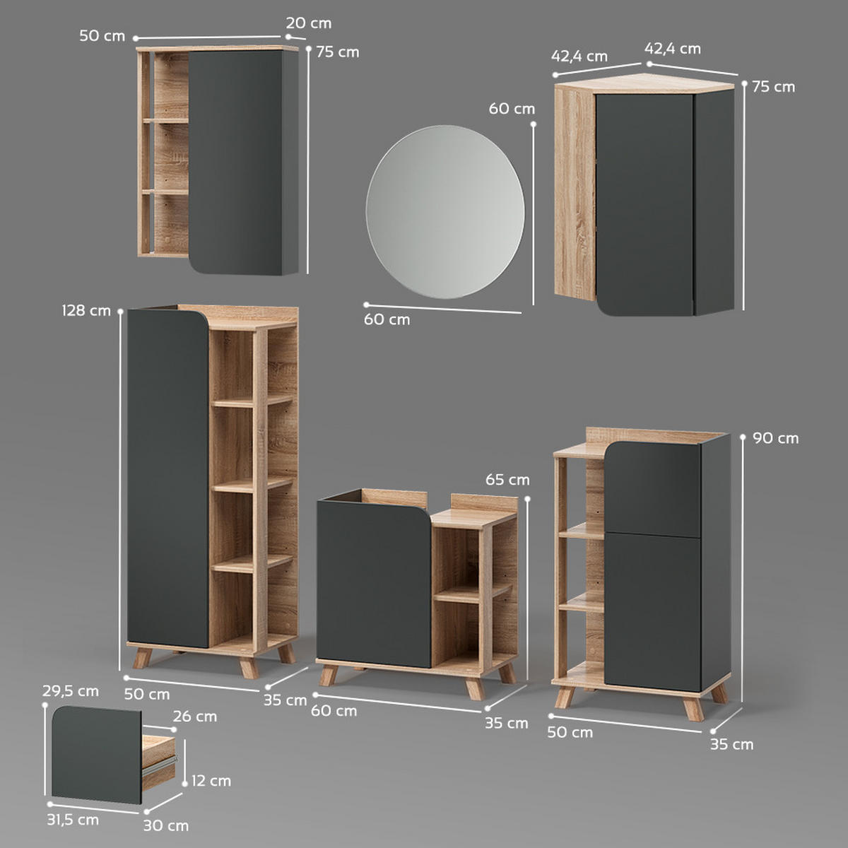 BADMÖBEL-SET Marano Anthrazit 6 Teile - Anthrazit/Sonoma Eiche, Holzwerkstoff (60/65/35cm) - Livinity®
