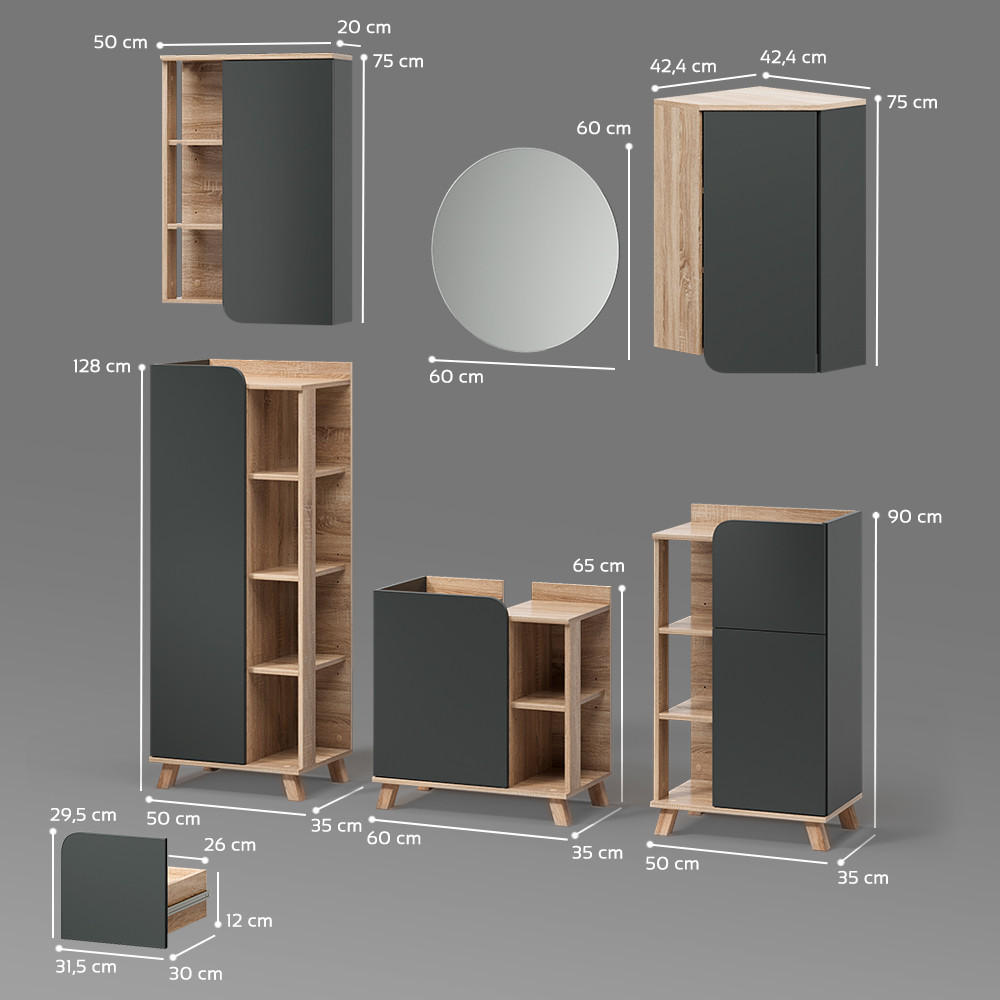 Thumbnail - Livinity® Badmöbel-Set, Anthrazit, Sonoma Eiche, Holzwerkstoff, 16 Fächer, 1 Schubladen, Rechteckig, 60x65x35 cm, Badezi...