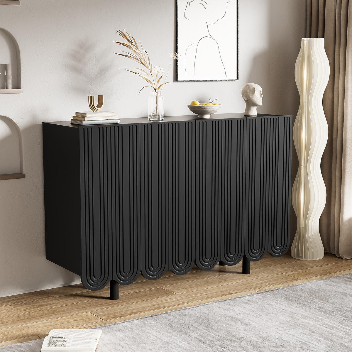 SIDEBOARD DE-38212 120/37,5/80,8 cm mit 4 Türen und tropfenförmigen Schnitzereien Schwarz - Schwarz, Holzwerkstoff (120/80.8/37.5cm) - ComfortXL