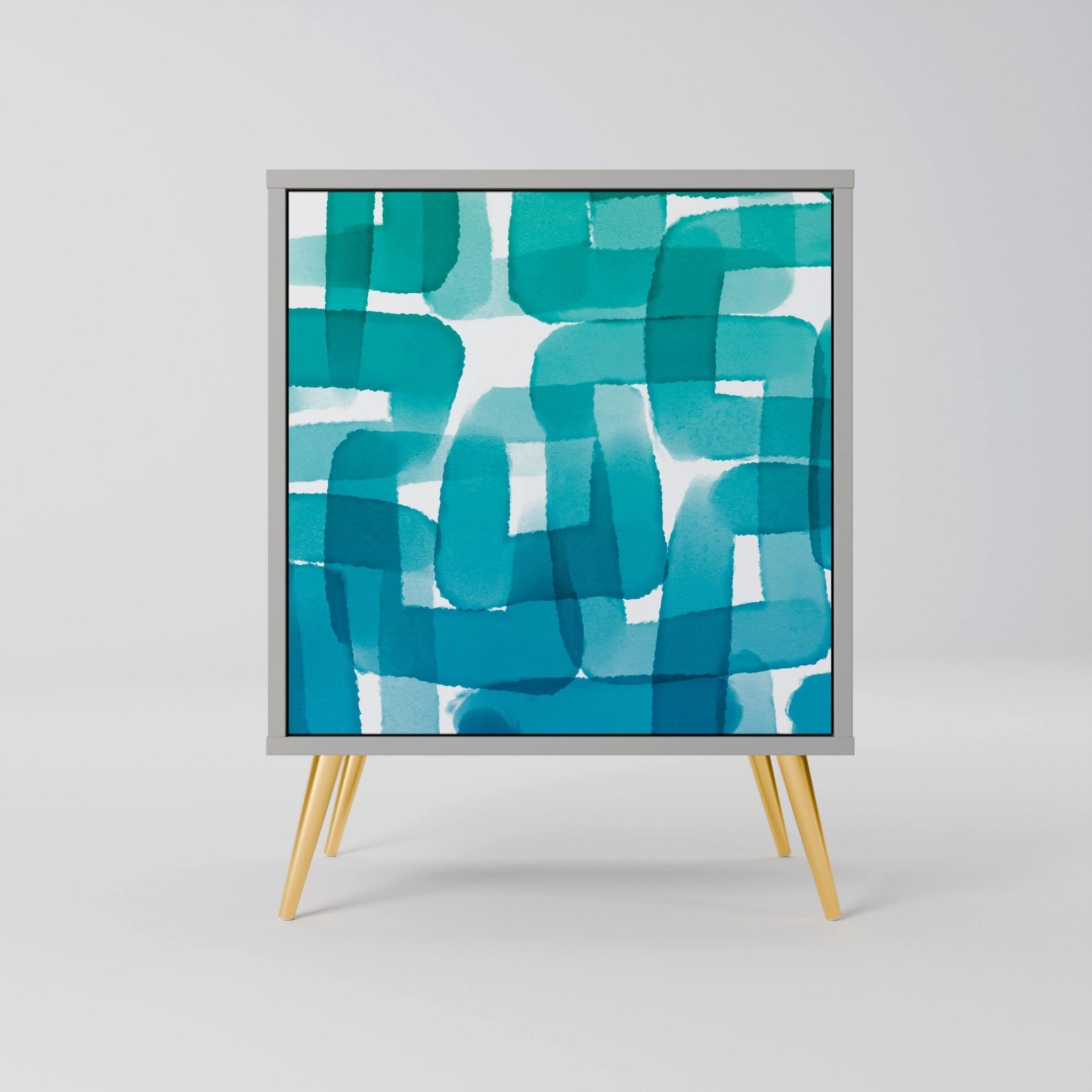 SIDEBOARD TURQUOISE RECTANGLES, Grau, 57,5x42x75,5 cm, Goldfarbene Metallfüße - Goldfarben/Multicolor, Holzwerkstoff/Metall (57.5/75.5/42cm) - SpaceRebels