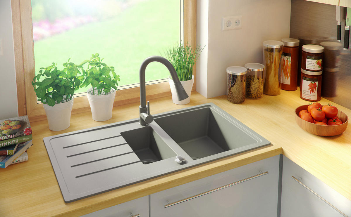 SPÜLBECKEN Kopenhagen Duo, 2-er set Grau 90/50 cm 1,5 Becken + Ablauf-Set ab 60er Unterschrank - Chromfarben/Grau, Kunststoff (90/19/50cm) - Primagran