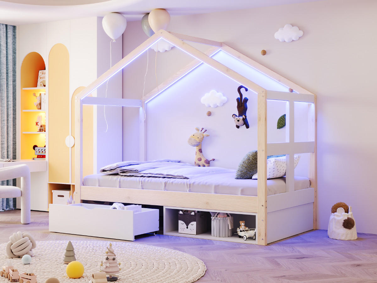 HAUSBETT 90/190 cm in Natur mit Schublade, Schuhschrank und LED - Naturfarben, Holz/Holzwerkstoff (90/190cm) - CHICFURN