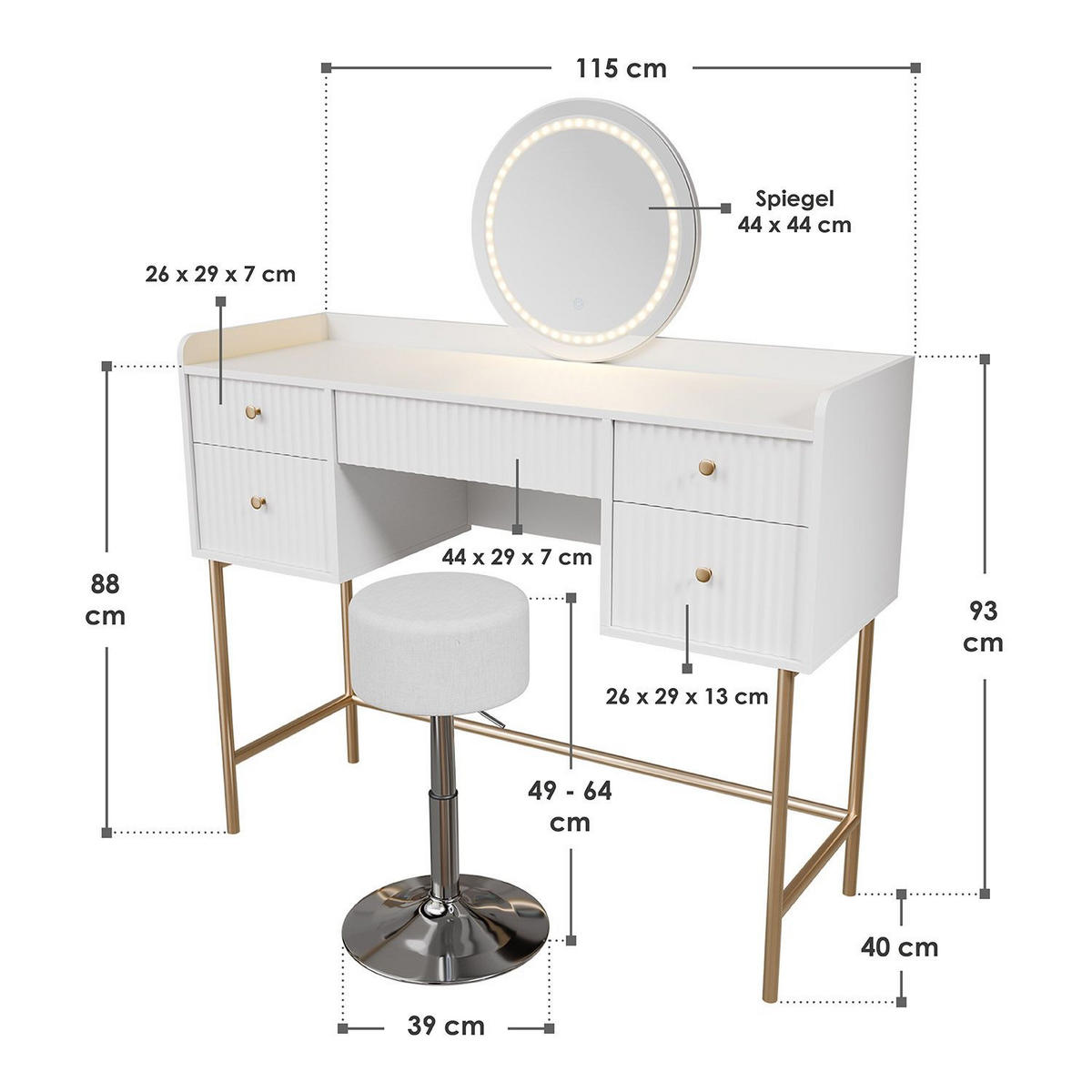 SCHMINKTISCH Samira weiß/gold mit Touch-LED-Spiegel und Hocker Tonia - Weiß, Holz (115/137/40cm) - Juskys