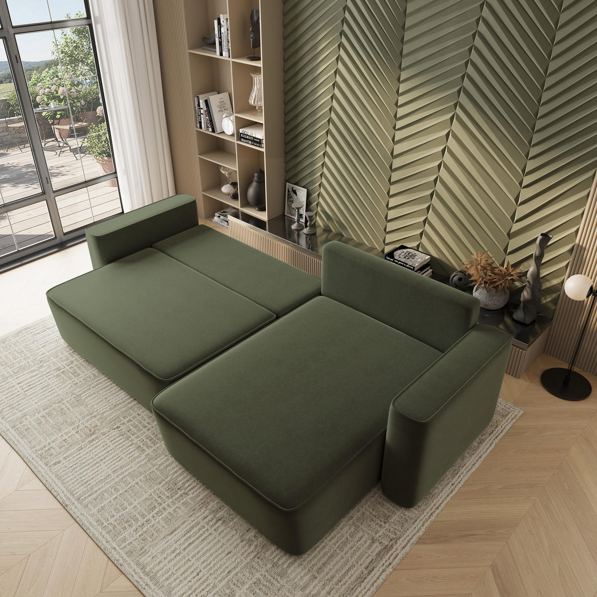 ECKSOFA BELARO CL Olivgrün Samtstoff mit Schlaffunktion - Olivgrün, Holzwerkstoff/Textil (280/162cm) - MASSENO