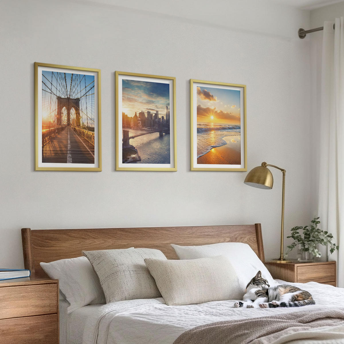 BILDER SET 3er Set - 40x60 cm Goldrahmen - Brücken, Sonnenuntergänge, Stadt - Goldfarben, Kunststoff (40/60cm) - TULUP