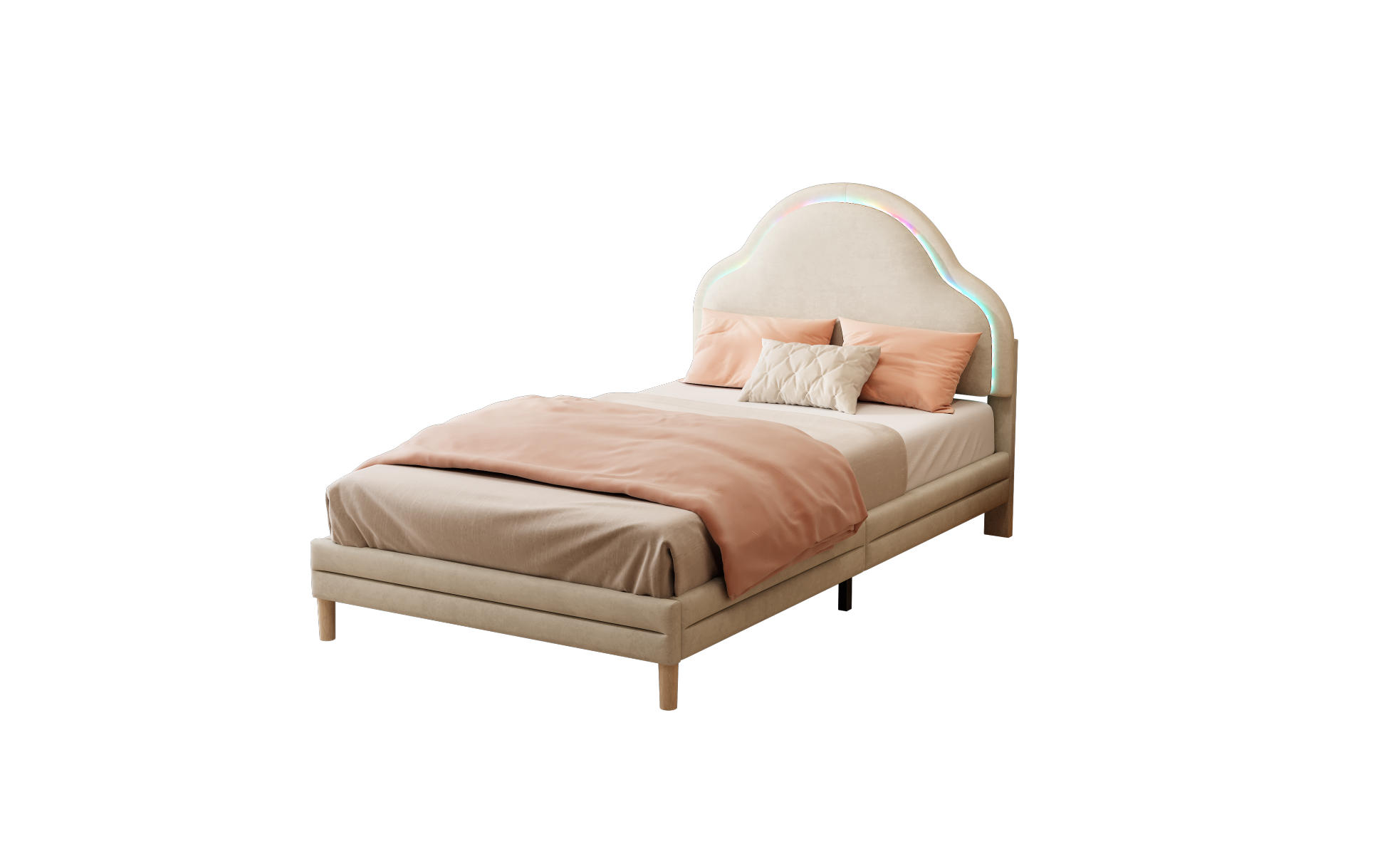 POLSTERBETT 90/200 cm aus Samt in Beige mit LED-Beleuchtung und Wolken-Kopfteil - Beige, Textil (90/200cm) - Flora Grace