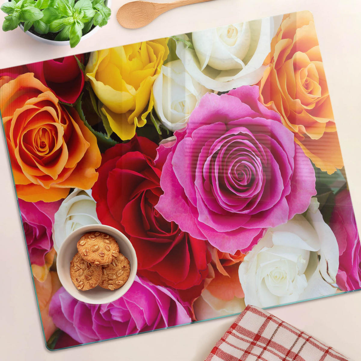 GLASPLATTE 60x52 cm Bunte Rosen - Multicolor, Glas (60/0.4/52cm) - TULUP