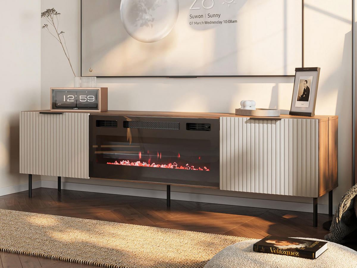 TV-LOWBOARD Almera 06 mit Kamin - Kaschmir/Nussbaumfarben, Holzwerkstoff/Metall (181/53/42cm) - MIRJAN24