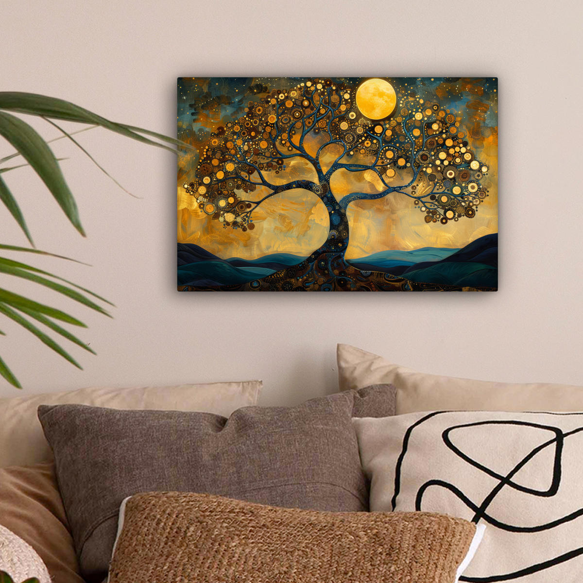 LEINWANDBILD Baum - Mond - Blumen - Gold - Kunst 30x20 cm - Orange, Textil (30/20cm) - MuchoWow