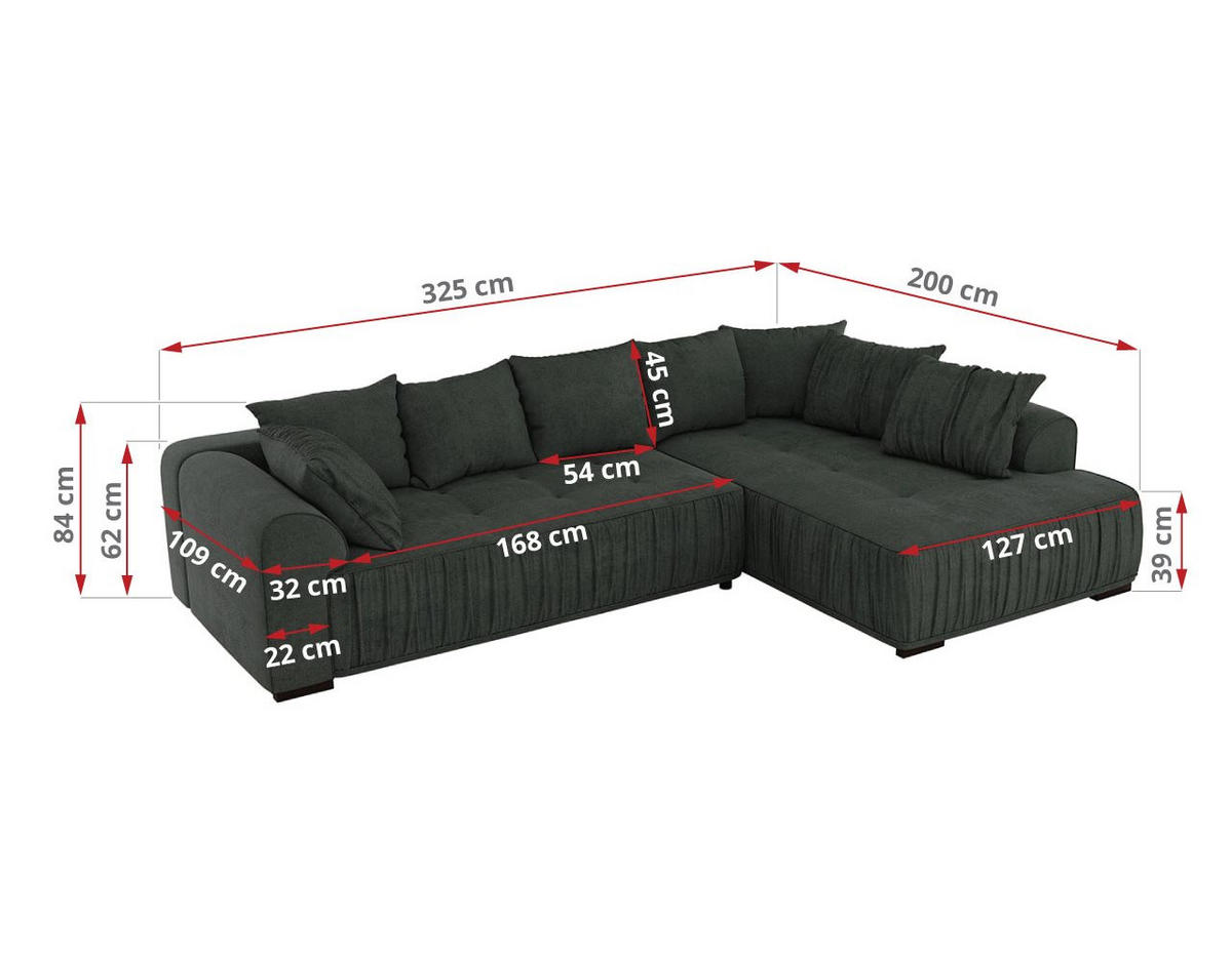 ECKSOFA ORTA Dunkelgrau Stukture - Links - Dunkelgrau/Schwarz, Textil (325/200cm) - MKS