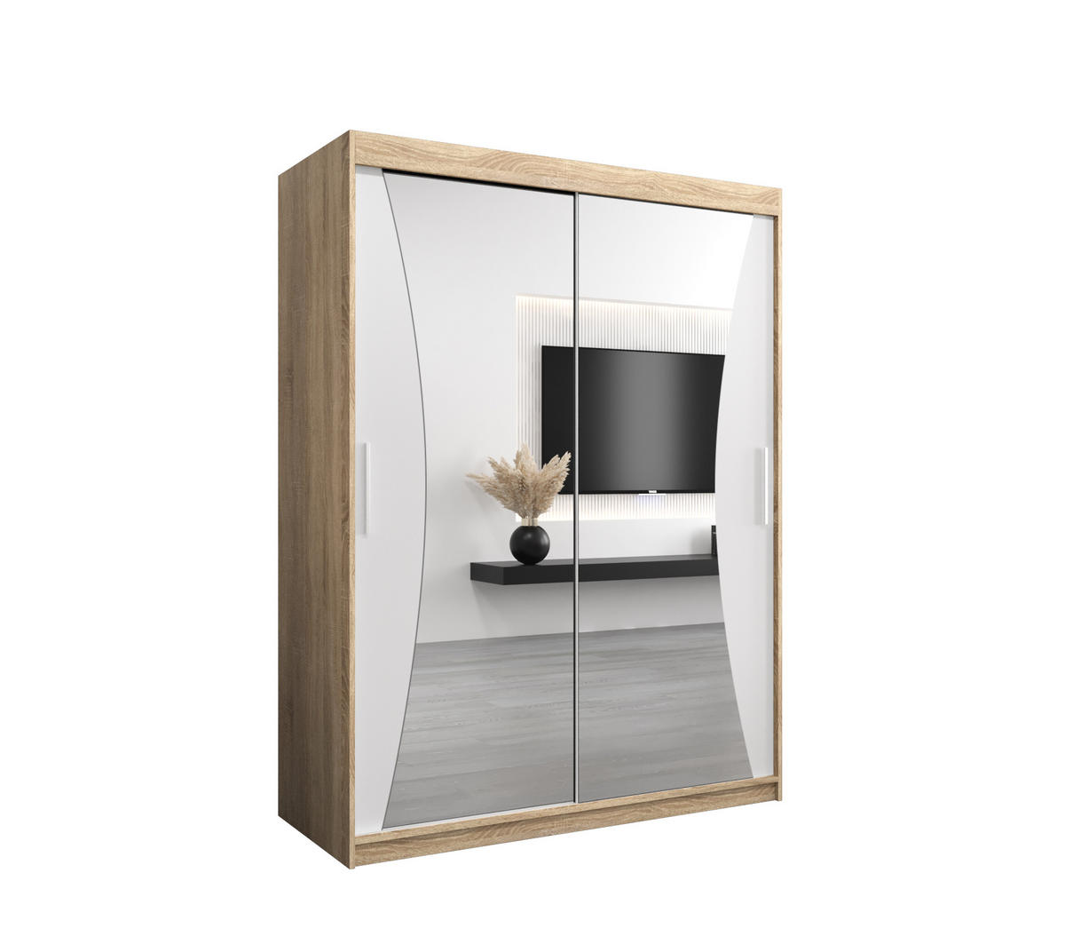 SCHWEBETÜRENSCHRANK 200/150/62 2-türig - Silberfarben/Weiß, Holz/Kunststoff (150/200/62cm) - Abiks Möbel