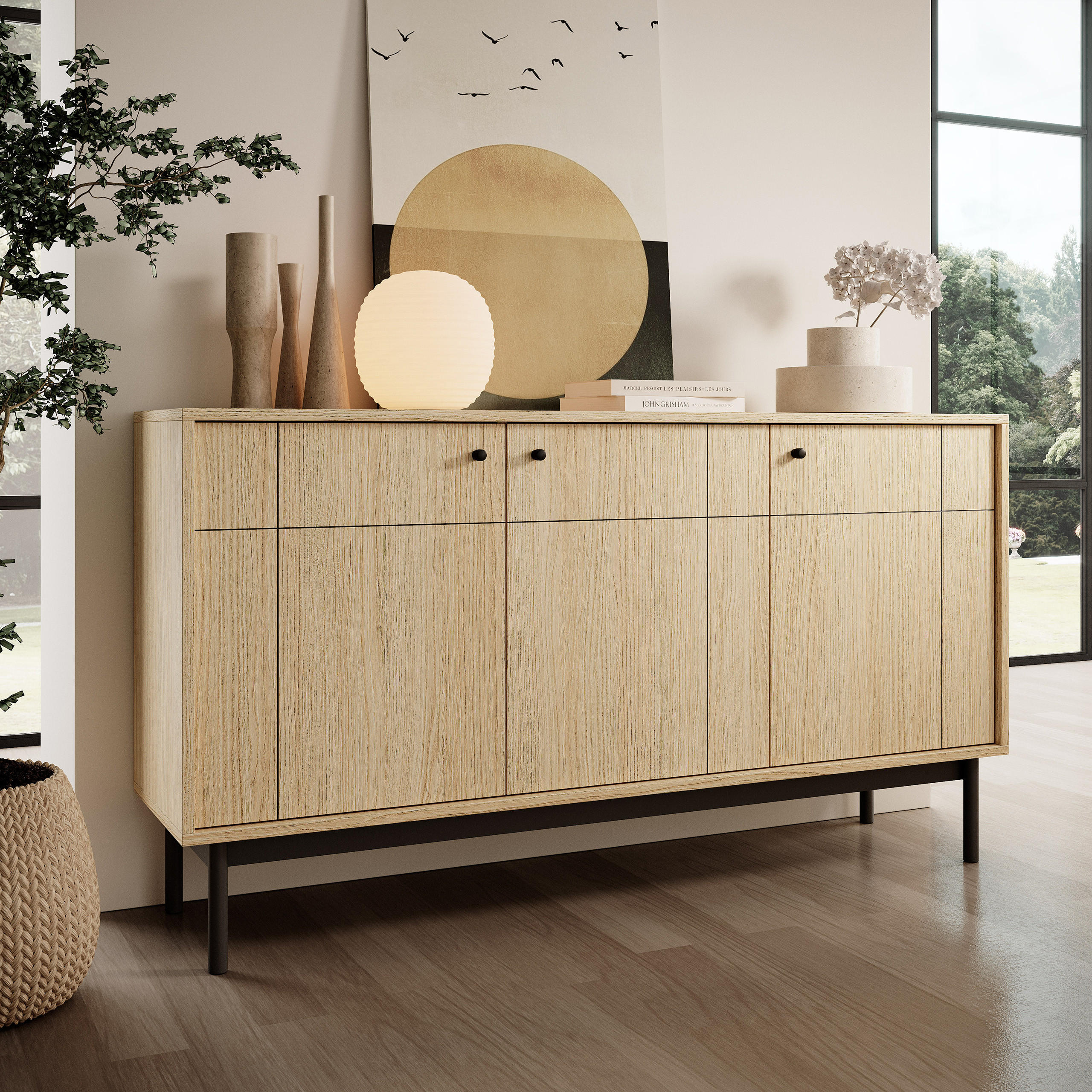 KOMMODE GIAPPONESE 154/84/39 cm mit 3 Türen Eichefarben - Eichefarben, Holzwerkstoff (154/84/39cm) - MASSENO