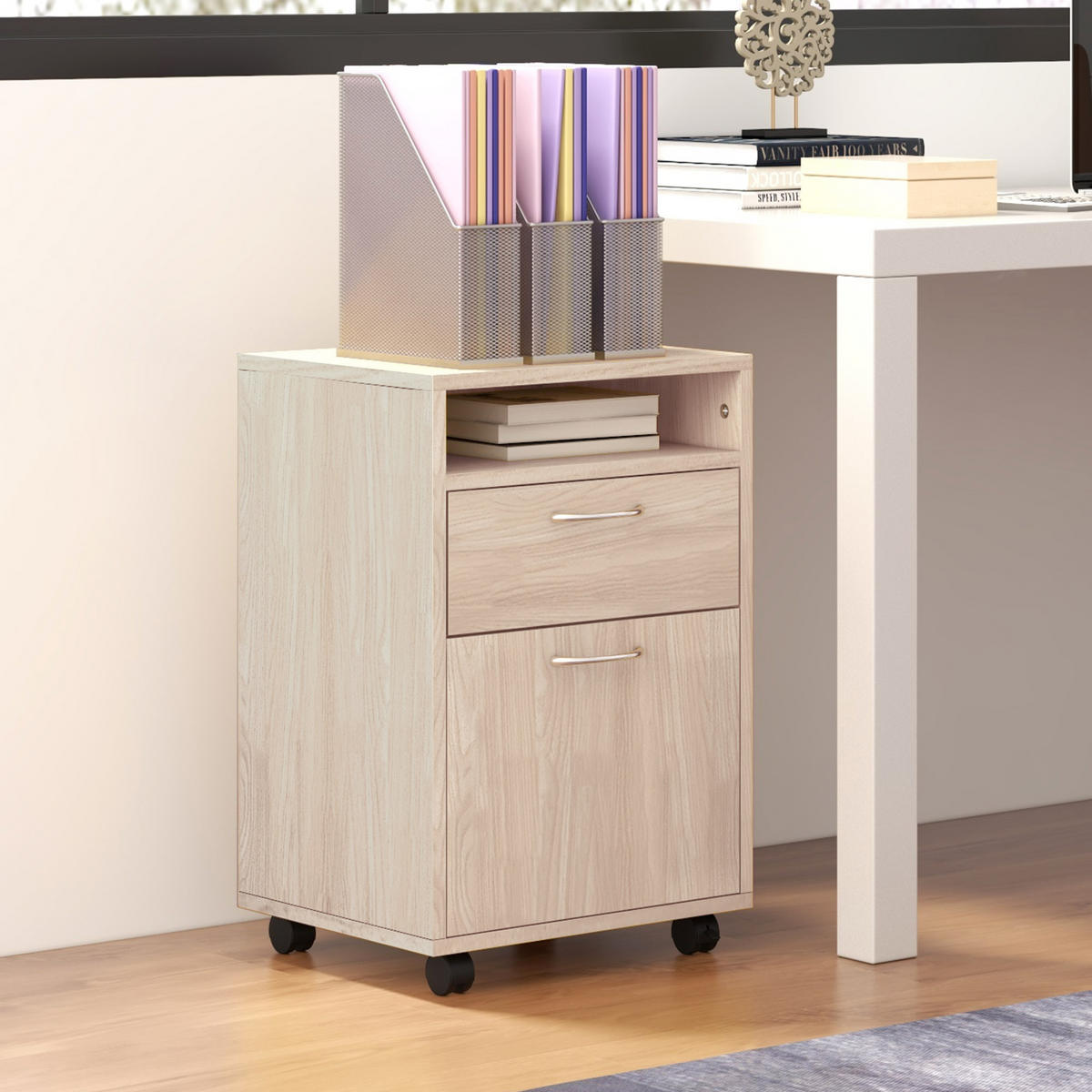 ROLLCONTAINER DE-14426 mit Schublade, Nische und Schrank Eiche - Beige, Holzwerkstoff (35/60/40cm) - ComfortXL