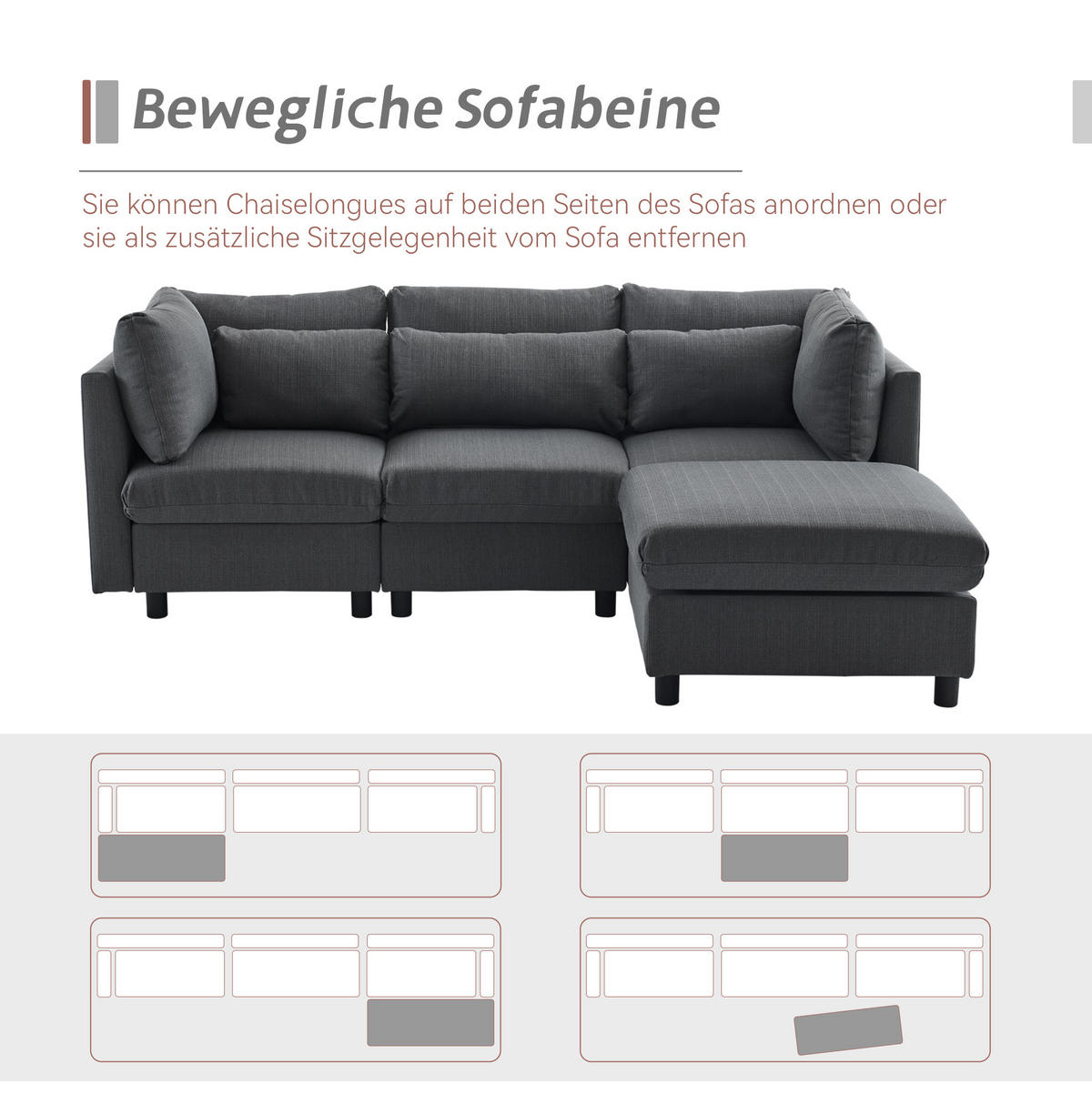 ECKSOFA Leinenstoff mit Fußhocker und Rücken Armlehnenkissen 220/83/81 cm Grau - Grau, Textil (81/83cm) - Redom