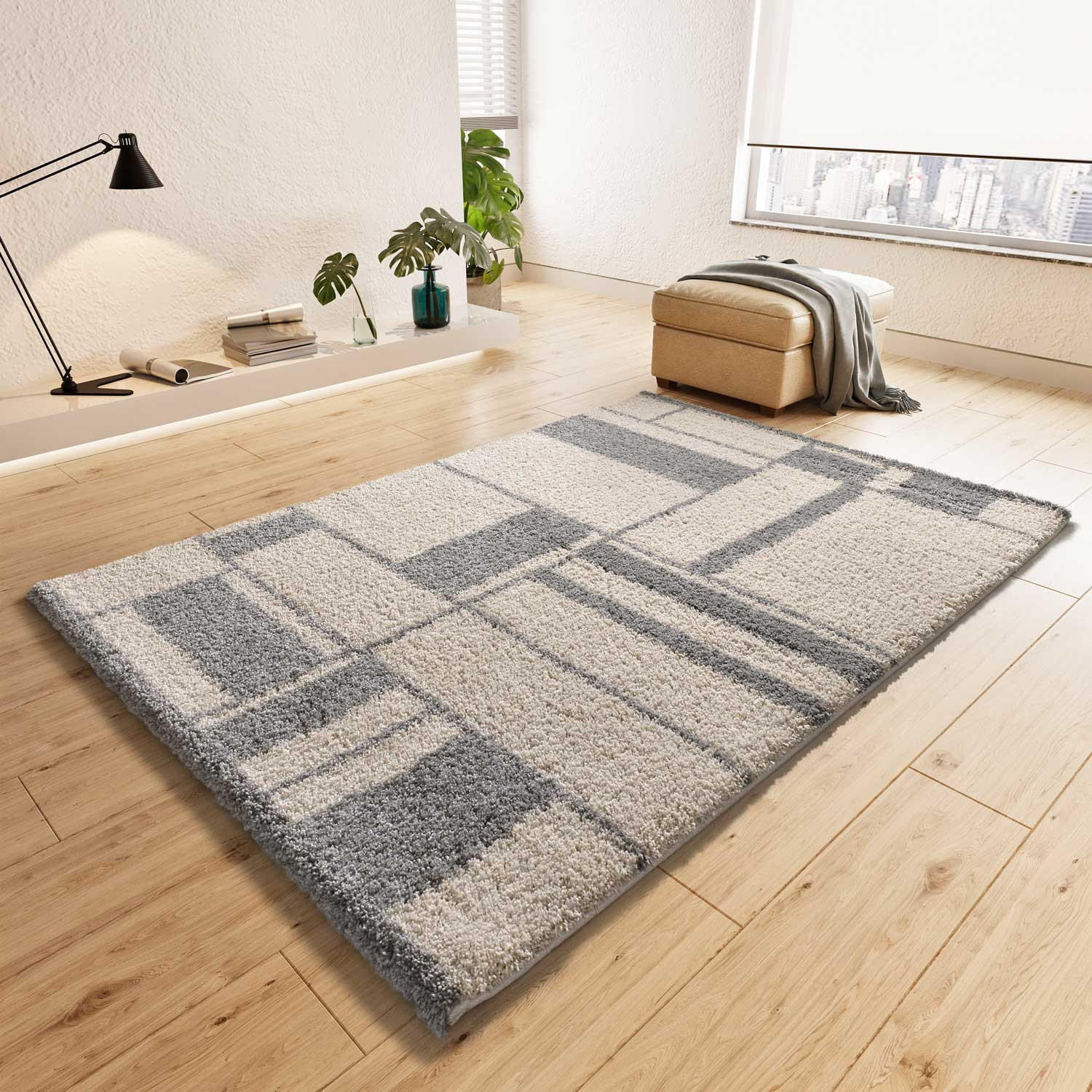 Thumbnail - Atticgo Hochflorteppich, Beige, Grau, Textil, Grafikmuster, Rechteckig, 133x190 cm, Oeko-Tex® Standard 100, für Fußboden...