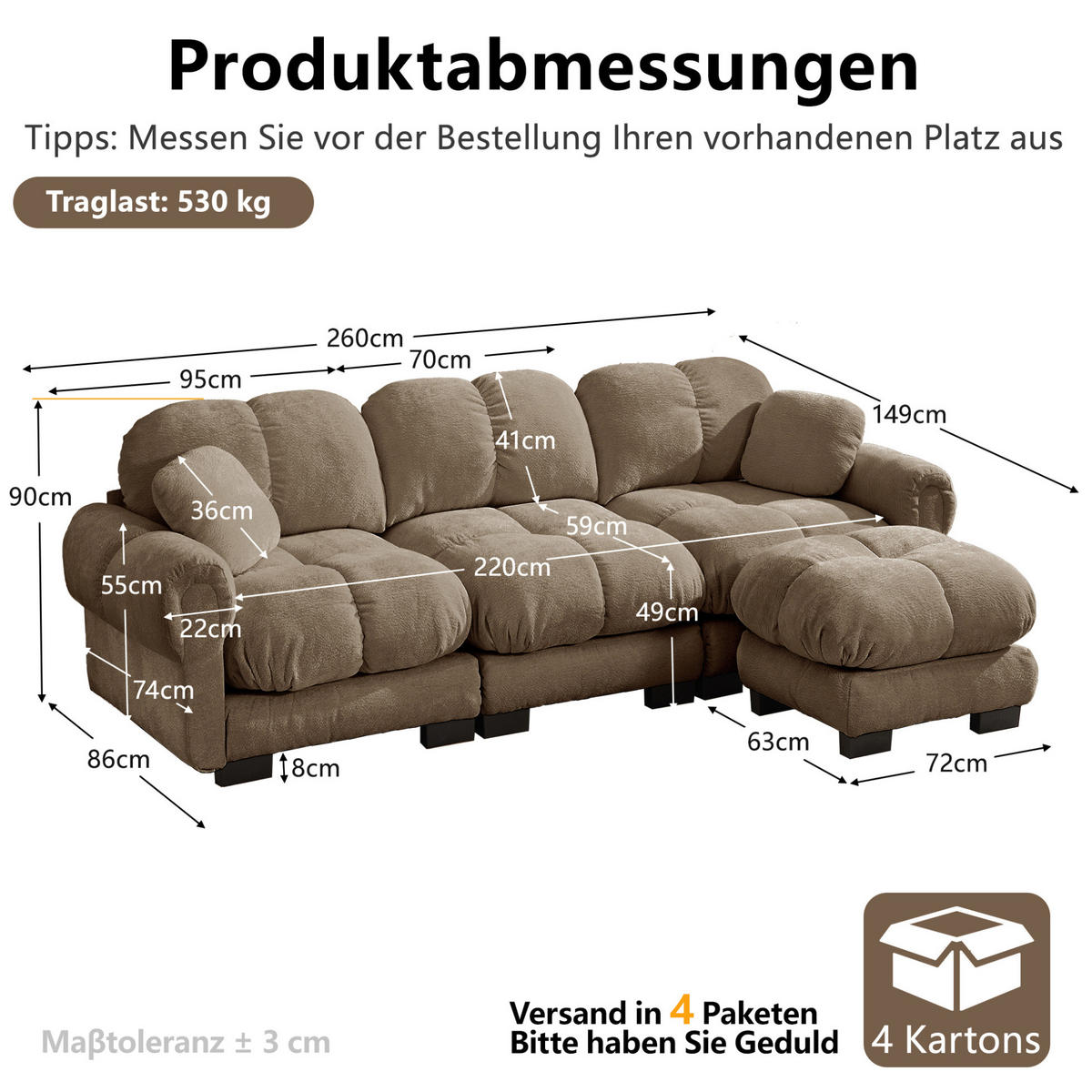 ECKSOFA 260/149/90 cm in Braun aus Chenille mit Steppnähten und Hocker - Braun, Textil (149/260cm) - Flora Grace
