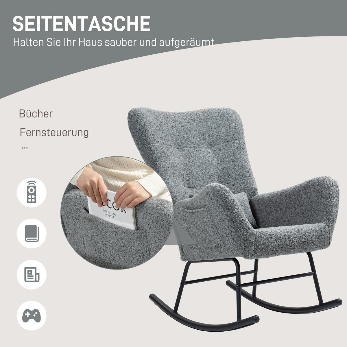 SCHAUKELSTUHL, Schaukelsessel mit Teddystoff-Optik, Armlehne, Seitentasche Grau - Grau, Textil (67/100/95cm) - HOMCOM