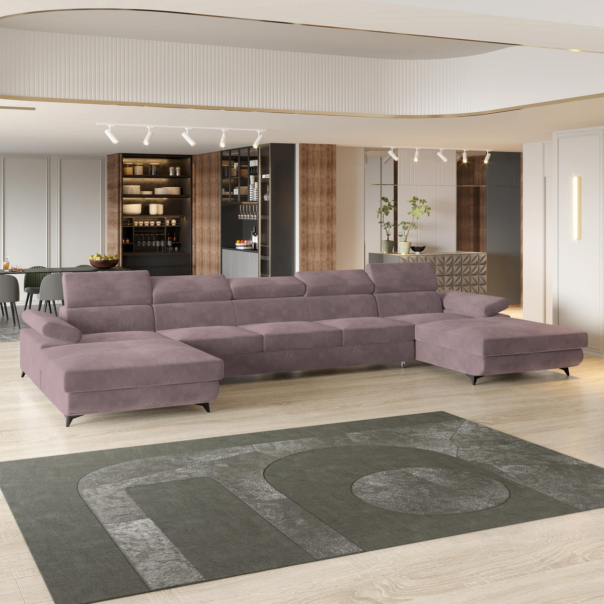 WOHNLANDSCHAFT VIVENTE Lila Velours-Stoff mit Schlaffunktion - Lila, Holz (410/89/190cm) - MASSENO