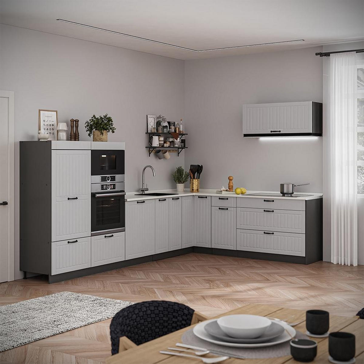 KUHINJA V OBLIKI ČRKE L Fame-Line, Bela podeželska hiša/Antracit, 327 x 227 cm, DP Marmor - bela/antracit, leseni material (327/153.6/60cm) - Vicco