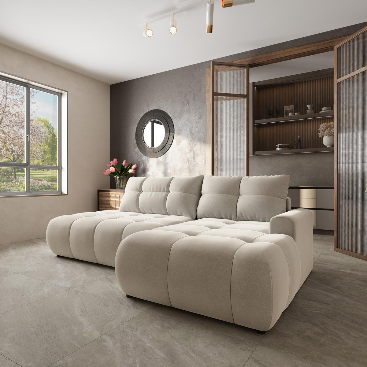 ECKSOFA FLUMA CL R-S Creme Samtstoff mit Schlaffunktion - Creme, Holzwerkstoff/Textil (279/158cm) - MASSENO