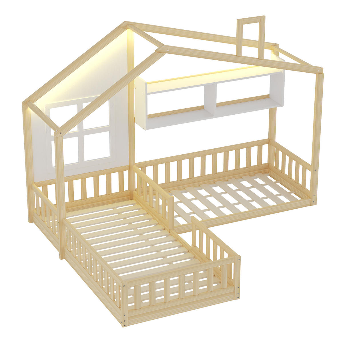KINDEREINZELBETTEN aus Massivholz und MDF 90x200 cm in Naturholz/Weiß mit LED & Regalen - Naturfarben, Holz (90/200cm) - Modfu