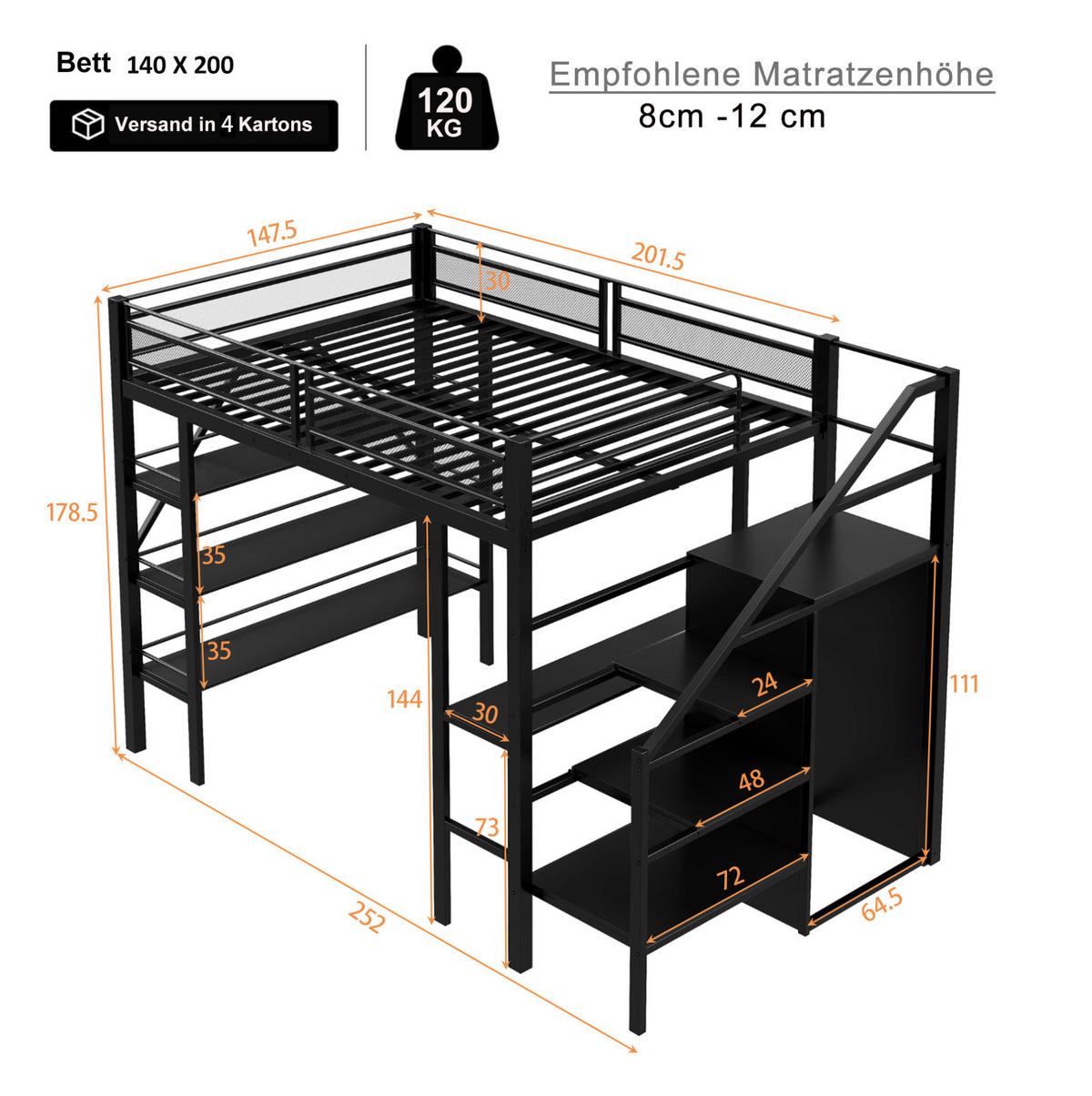 HOCHBETT 140/200 cm aus Metall mit Schreibtisch, Regal und Kleiderschrank Schwarz - Schwarz, Metall (140/200cm) - Modenvie