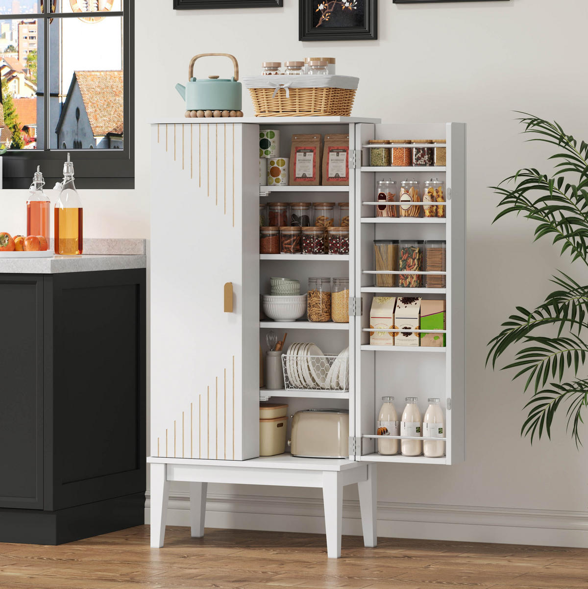 BUFFET aus MDF 120x59x30 cm Weiß mit 2 Türen, 5 Fächern und Türablagen im Vintage-Stil - Weiß, Holzwerkstoff (59/120/30cm) - Modfu