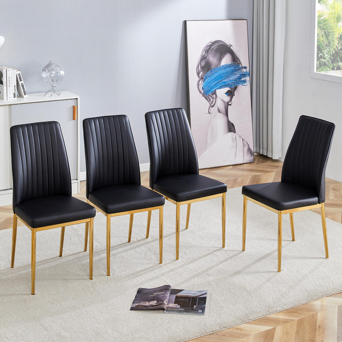 STUHL-SET DE-36495 4 Stück mit PU-Bezug und Metallbeinen Schwarz - Schwarz, Metall (42.5/92.5/43cm) - ComfortXL