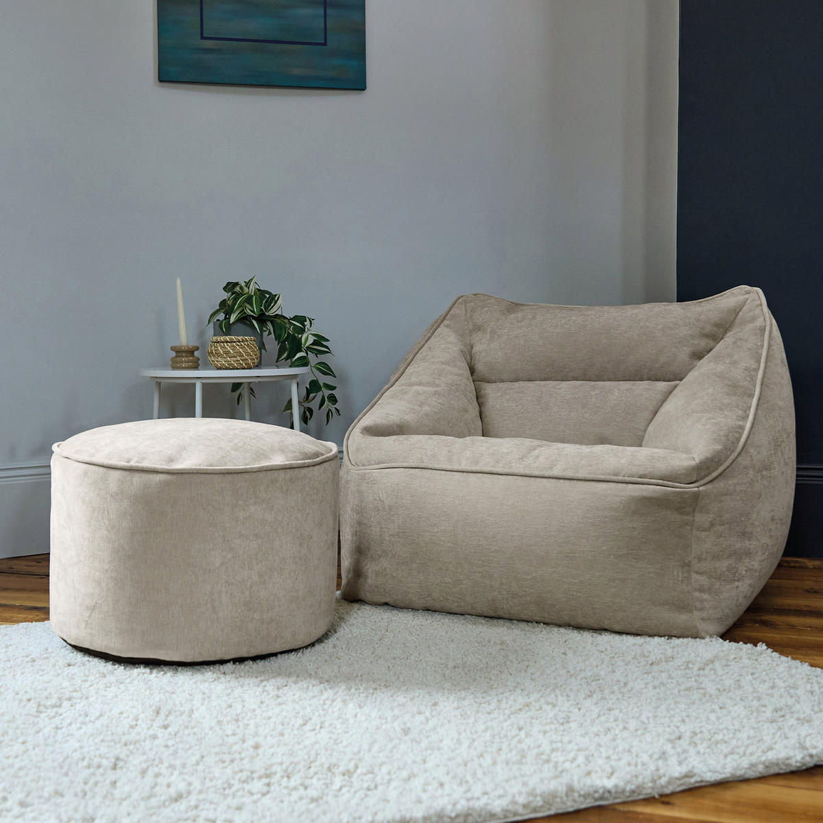 SITZSACK Chenille-Sessel icon Natalia und Fußhocker-Sitzsack Milano im 2-teiligen Set, naturfarben - Beige, Kunststoff/Textil (100/80/88cm) - icon