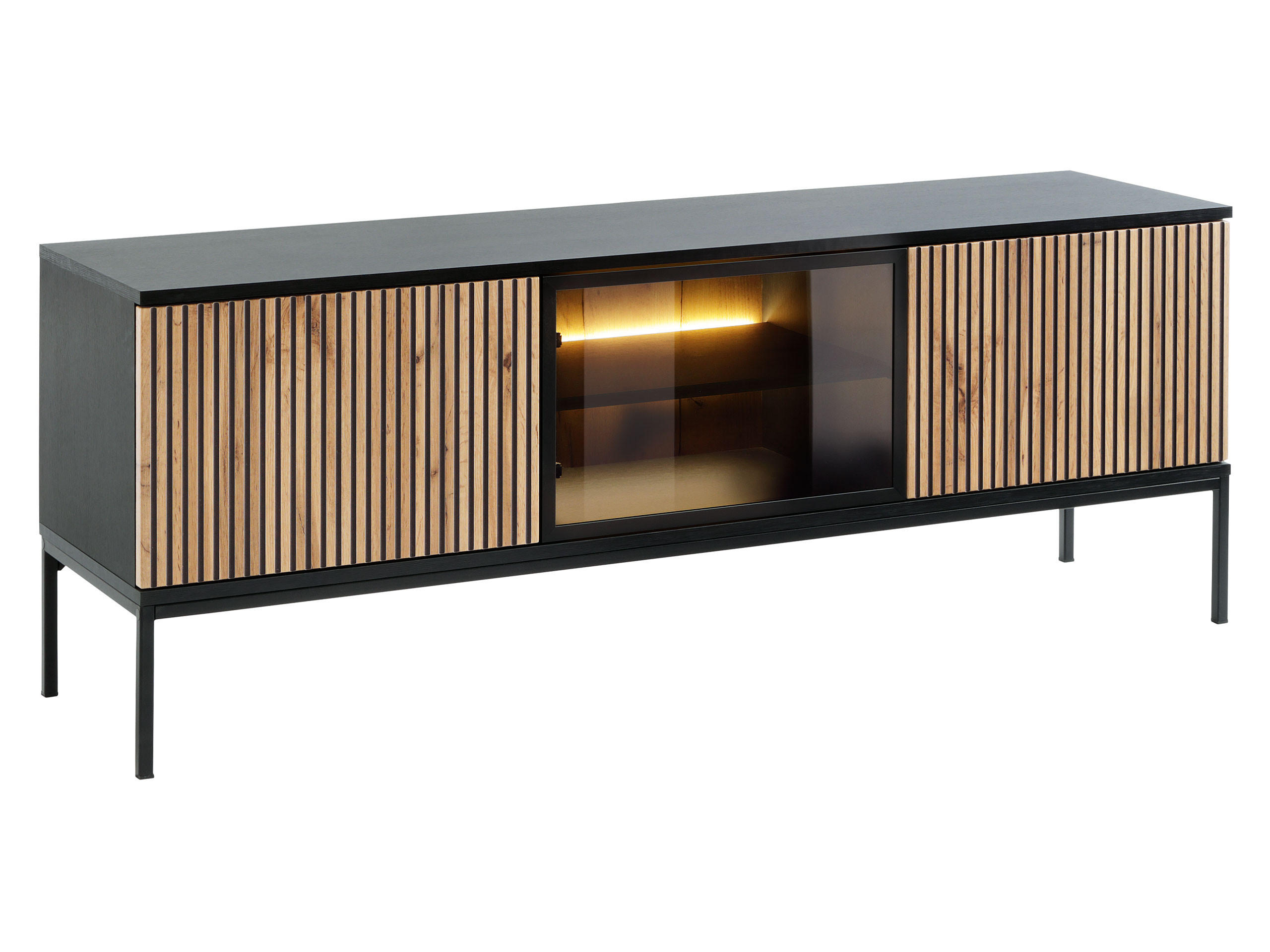 Mirjan24 Tv-Lowboard Schwarz, Eiche Wotan 154x56x39 cm