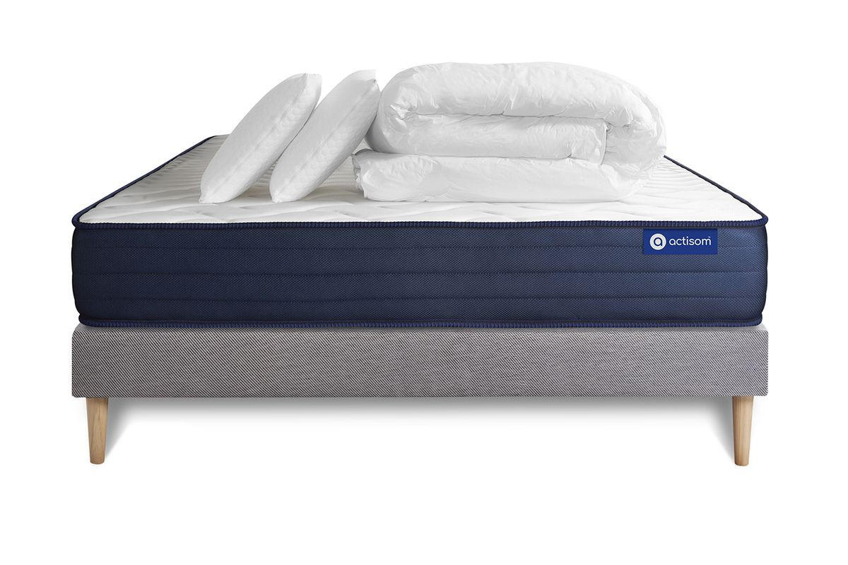 BETT Actiflex life Taschenfederkern und Memory-Schaum 160 x 200 cm h4 - Kit Bettgestell Grau - Mit Kissen und Bettdecke - Beige/Grau, Karton/Holz (160/200cm) - ACTISOM