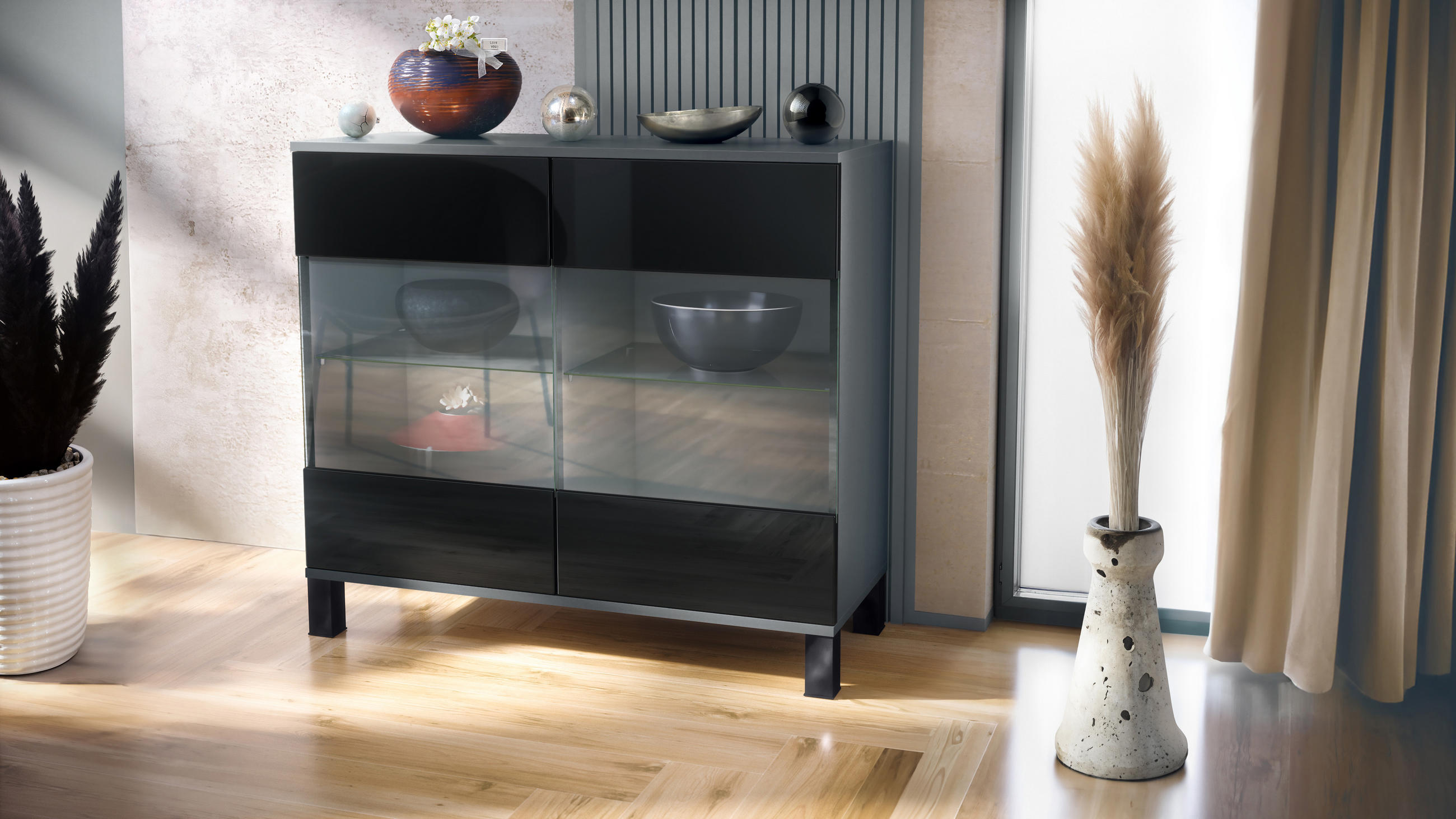 KOMMODE Bari Schwarz Hochglanz - Schwarz Hochglanz, Holzwerkstoff (92.5/84.5/35cm) - Vladon