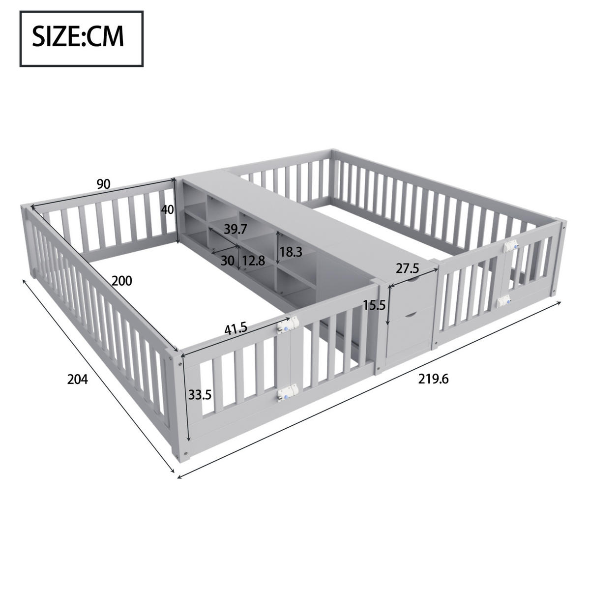 KINDER-DOPPELBETT 2x90x200 cm in Grau mit Schubladen und Regal - Grau, Holz (90/200cm) - IVMEU