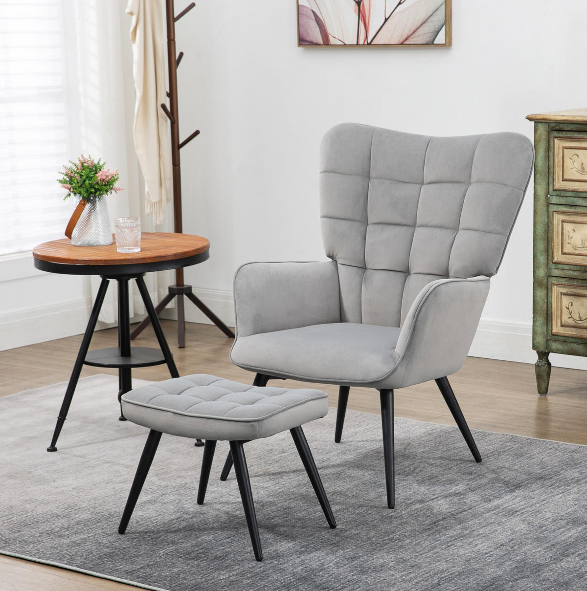 OHRENSESSEL-SET mit Hocker hohe Rückenlehne, Stahlgestell 73/77,5/98 cm Hellgrau - Hellgrau, Metall (77.5/98/73cm) - Redom