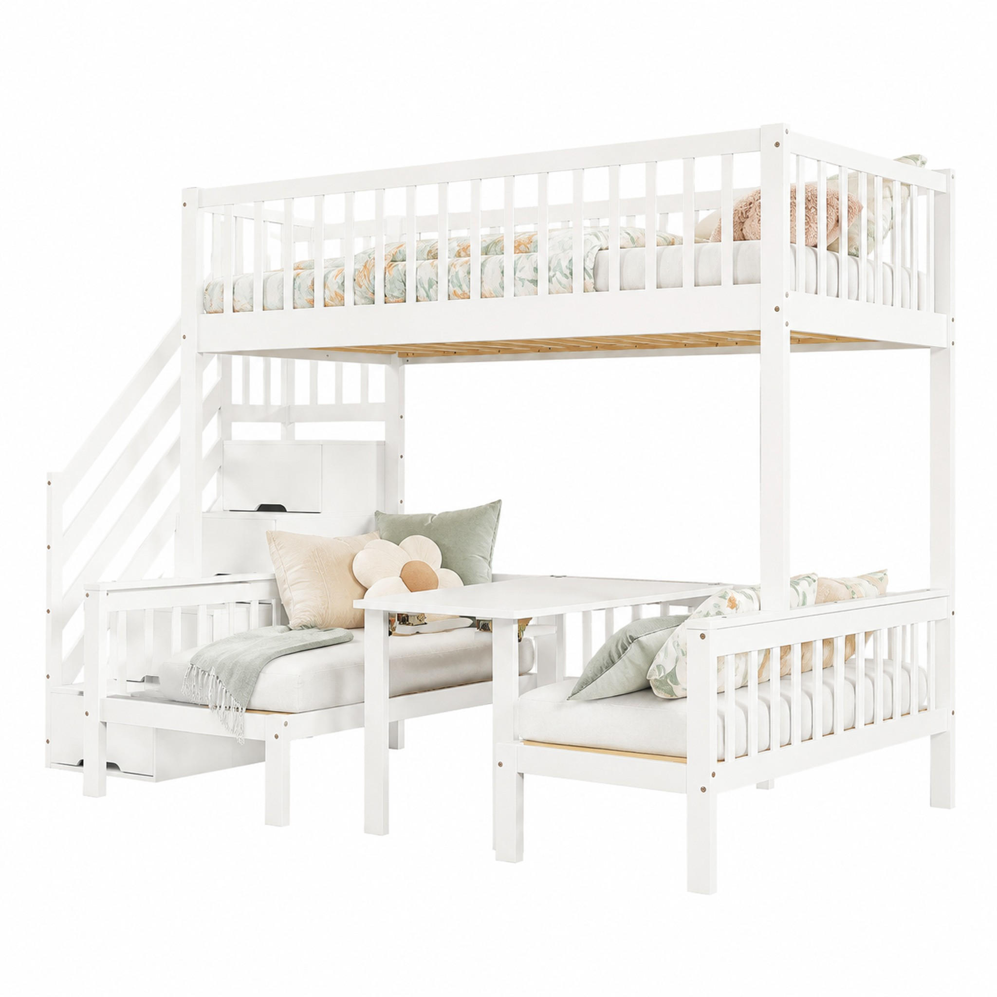ETAGENBETT mit Stauraumtreppe und Klapptisch 90x200/120x200 cm Weiß - Weiß, Holz (90/200cm) - Meubliv