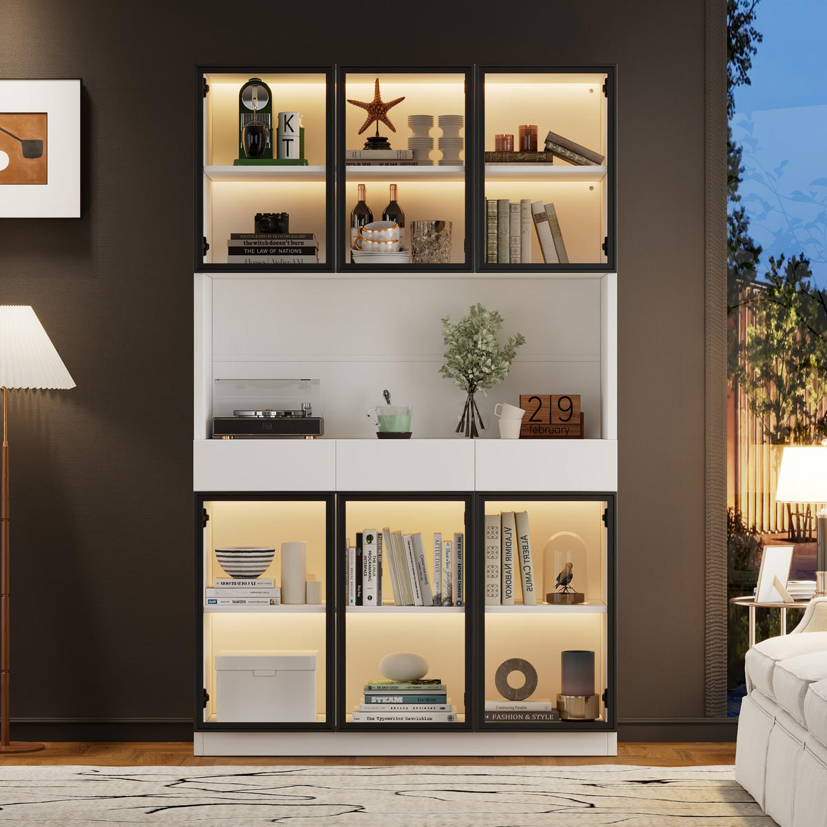 VITRINE 200 cm Weiß mit LED und schwarzem Rahmen - Weiß, Holzwerkstoff (120/200/36cm) - FLIEKS