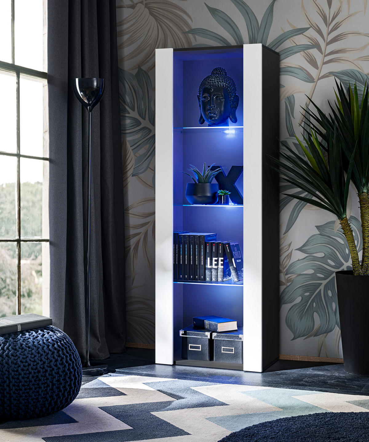 VITRINE TIVOLI, Schwarz + Weiß, LED Blau - Schwarz/Weiß, Glas/Holzwerkstoff (55/159/35cm) - Komodee