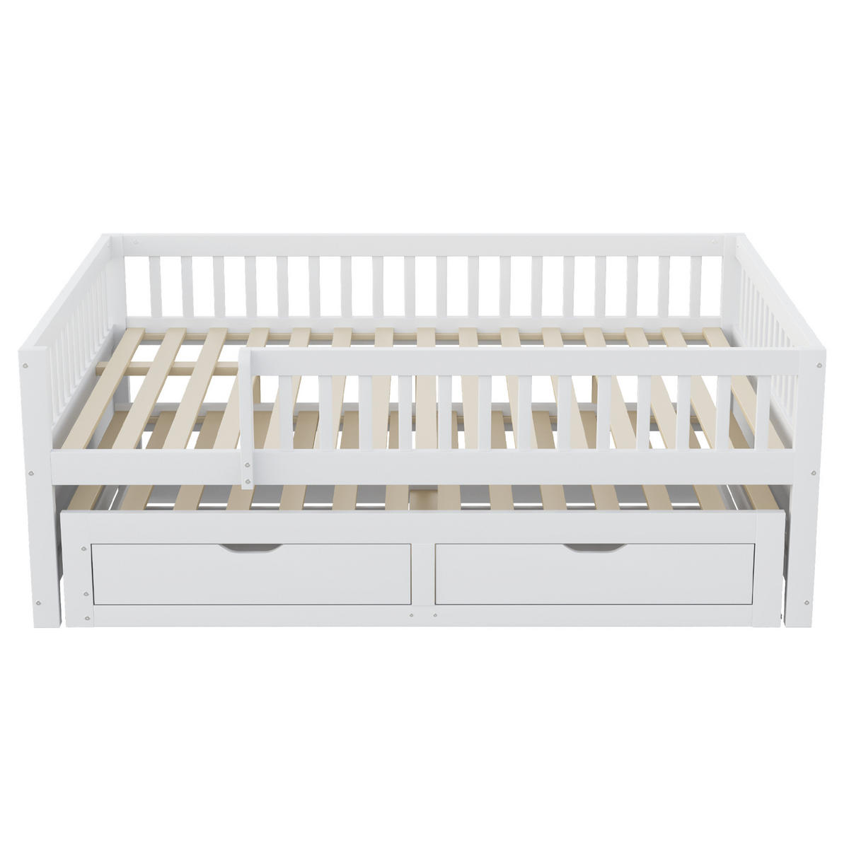 MULTIFUNKTIONSBETT 140/200 cm aus Massivholz mit Sicherheitsgitter und Ausziehbett Weiß - Weiß, Holz - OKWISH