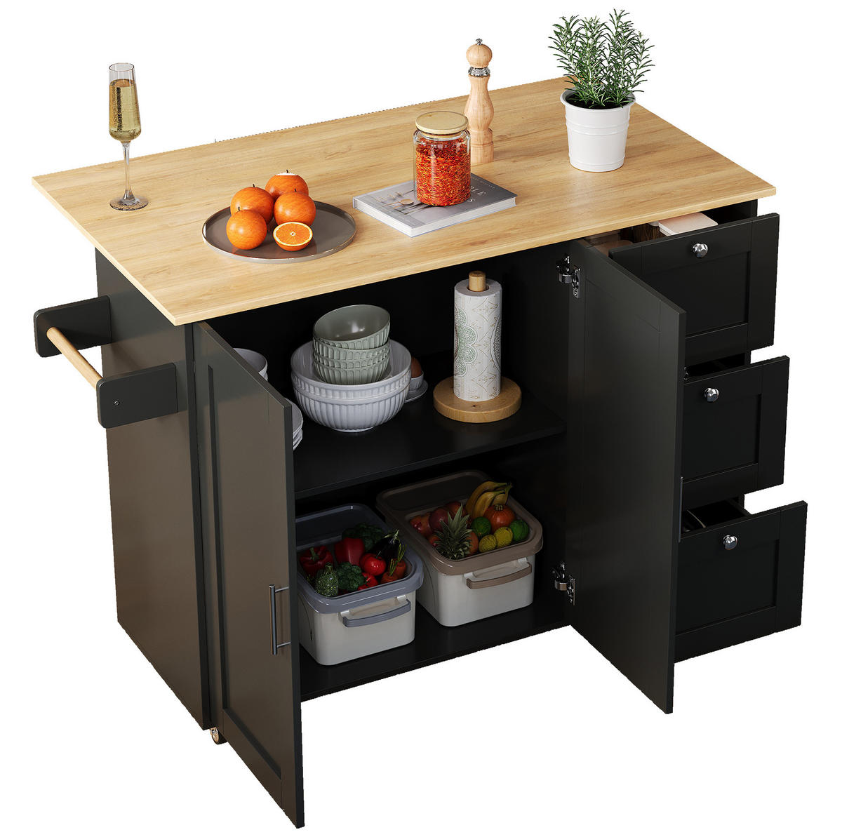 KÜCHENINSEL 135/44-70/90 cm aus MDF mit klappbarer Arbeitsplatte Schwarz/Natur - Schwarz, Holzwerkstoff (135/90/44cm) - Modenvie