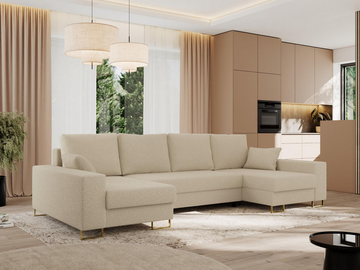 WOHNLANDSCHAFT DORIAN U Bouclé Beige - Beige/Goldfarben, Textil/Metall (312/95/138cm) - MKS