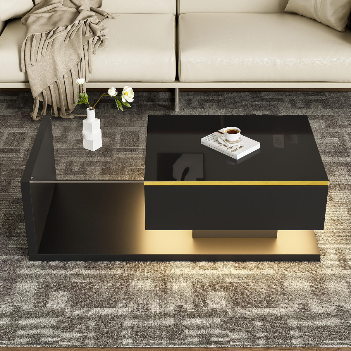 COUCHTISCH Schwarz Hochglanz 100 cm mit Glas & LED - Multicolor, Metall (100/50/32.5cm) - SHOPENTRA