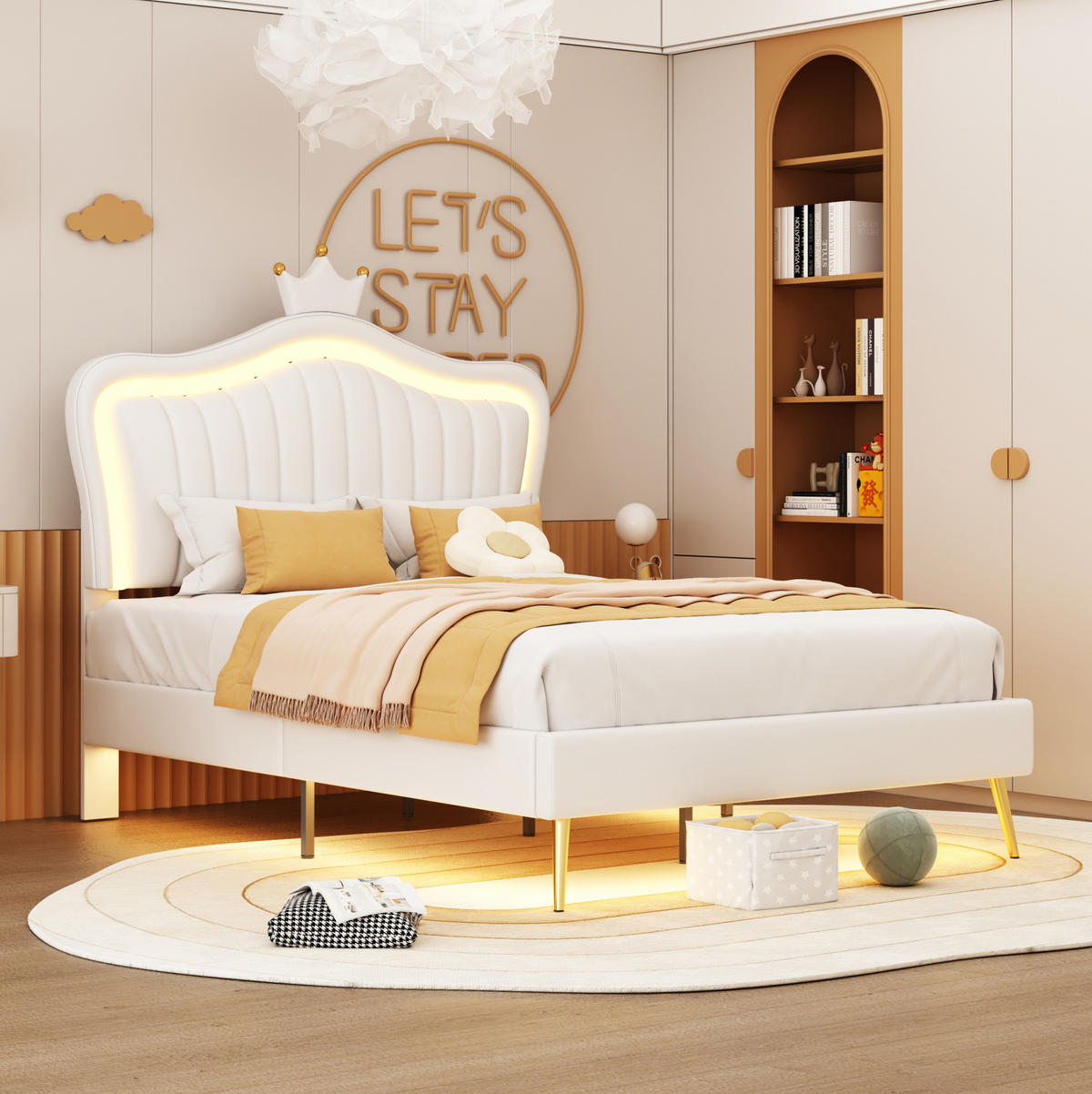 KINDERBETT 90/200 cm mit LED-Beleuchtung, verstellbarem Kopfteil und Muschel-Kronen-Design, Weiß - Weiß, Textil (90/200cm) - Redom